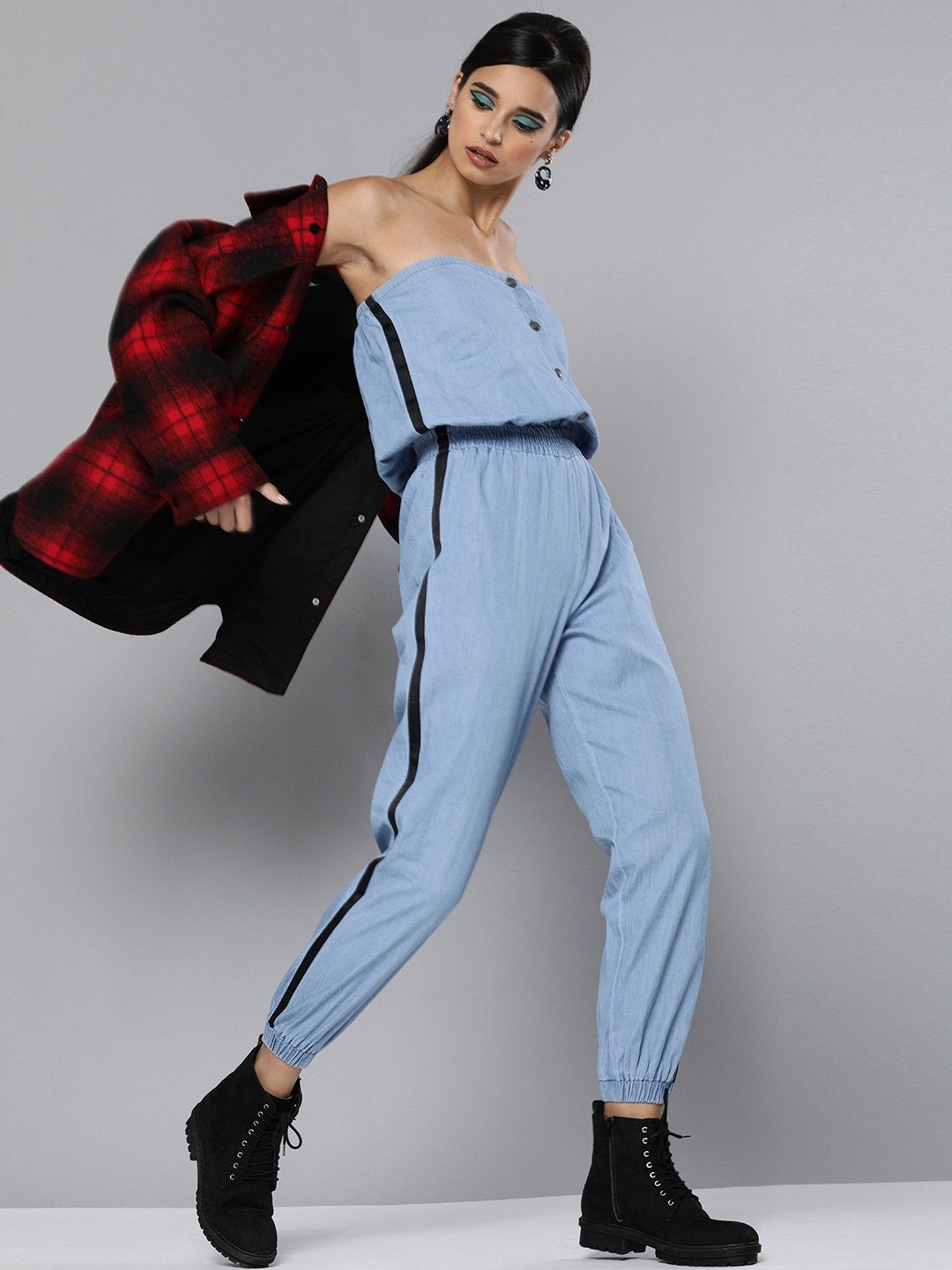 Women's Blue Denim Side Tape Tube Jumpsuit - SASSAFRAS