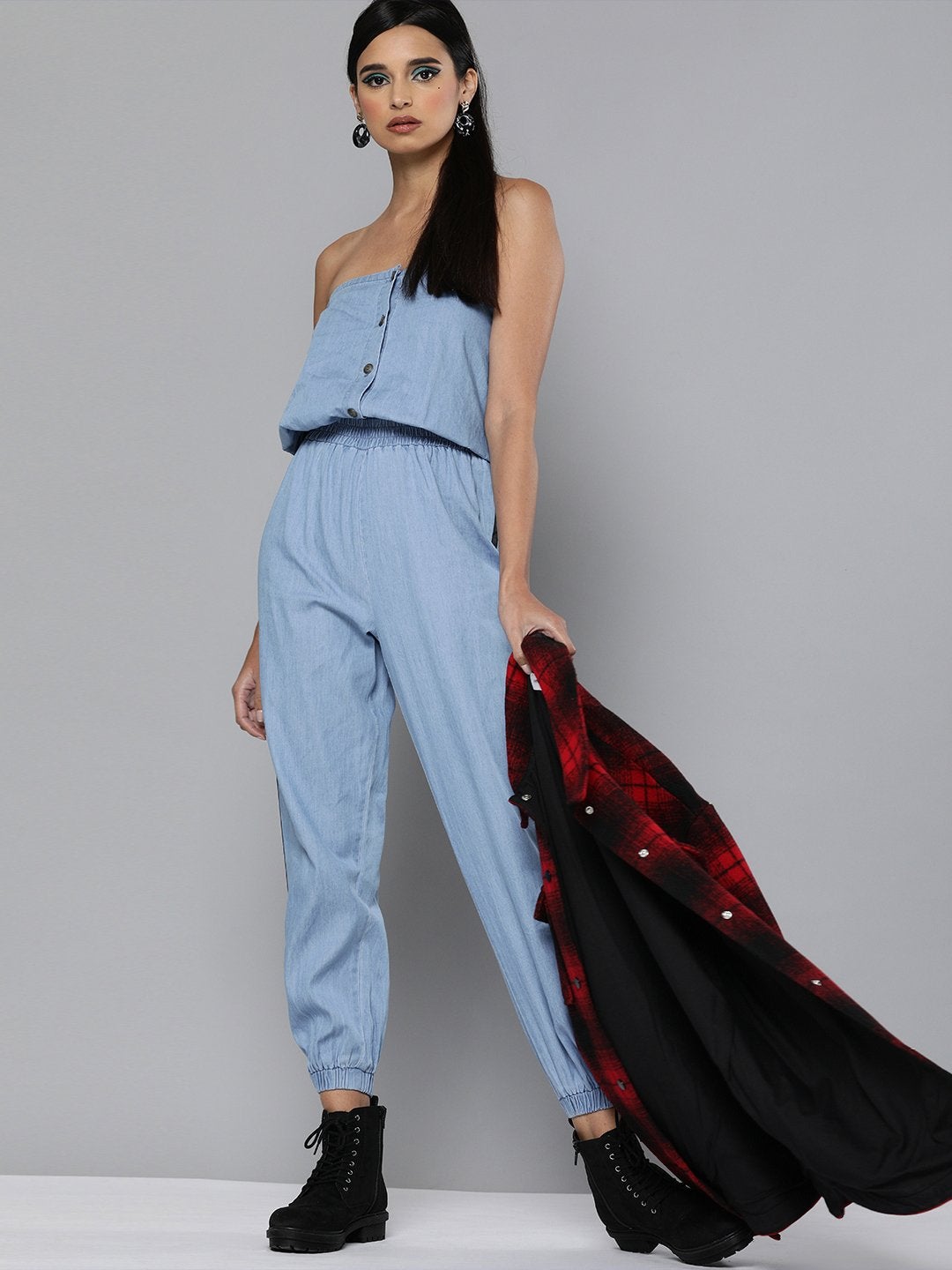 Women's Blue Denim Side Tape Tube Jumpsuit - SASSAFRAS