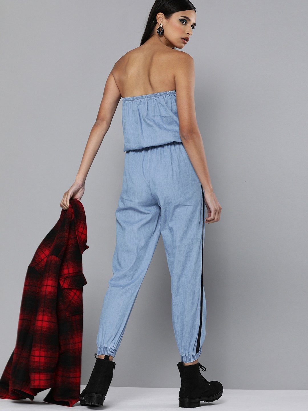 Women's Blue Denim Side Tape Tube Jumpsuit - SASSAFRAS