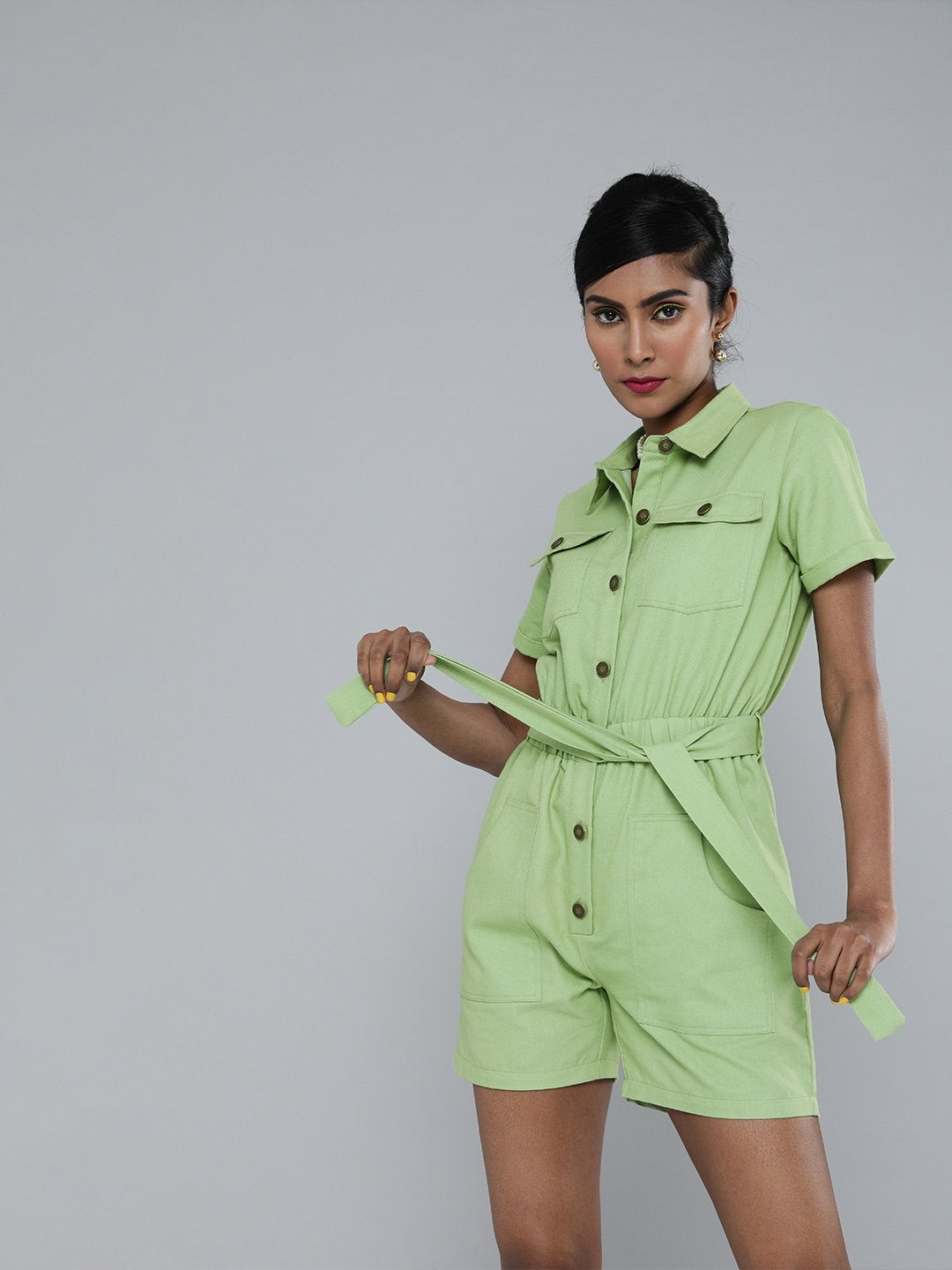 Women's Mint Green Belted Romper - SASSAFRAS