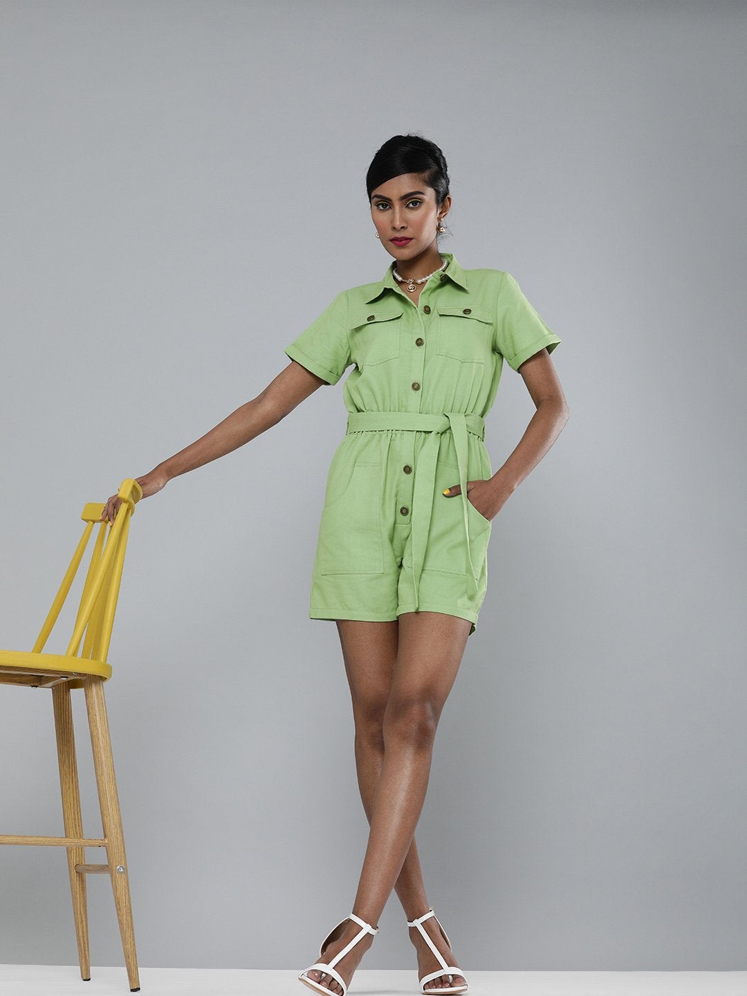 Women's Mint Green Belted Romper - SASSAFRAS