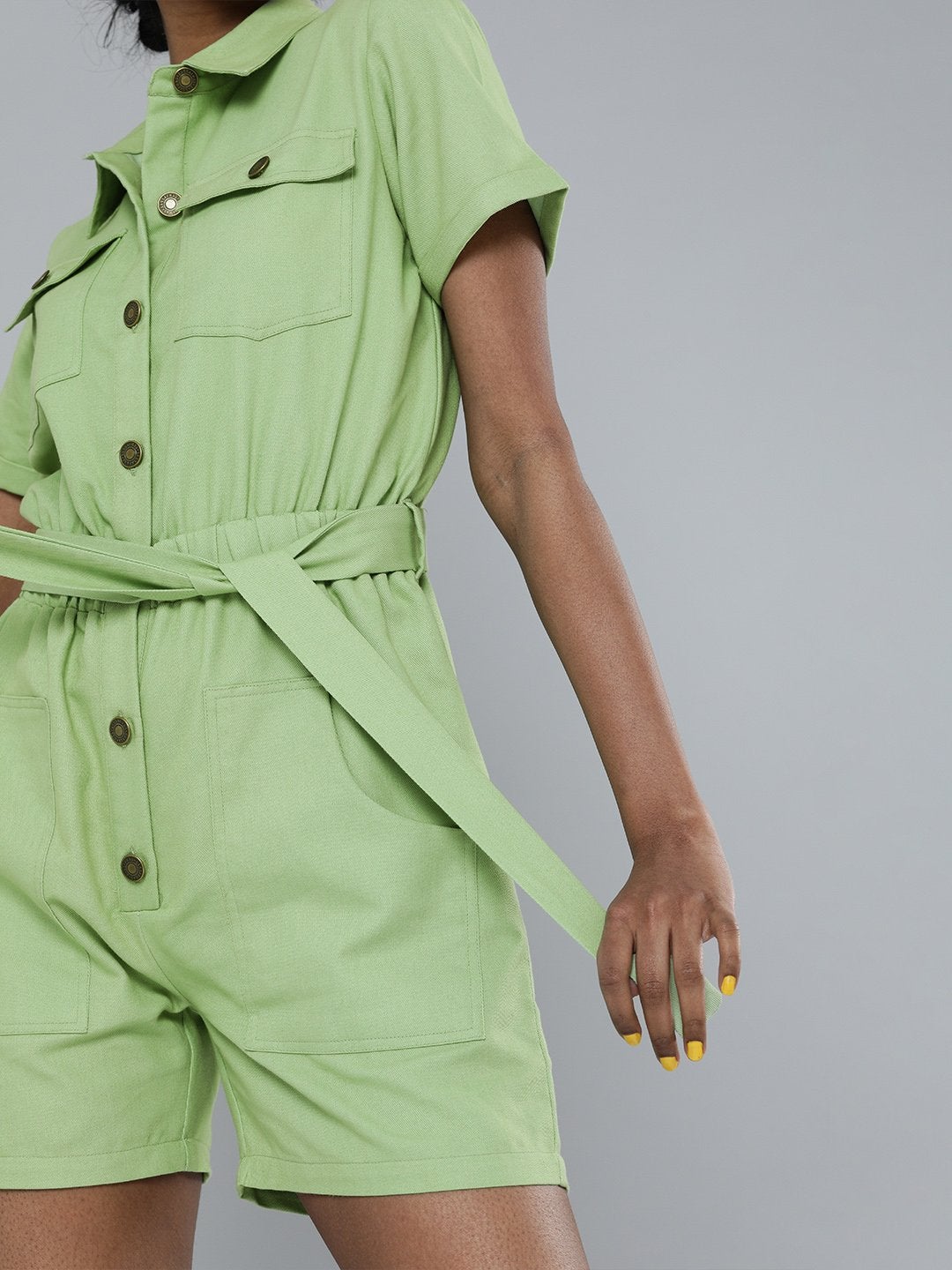 Women's Mint Green Belted Romper - SASSAFRAS