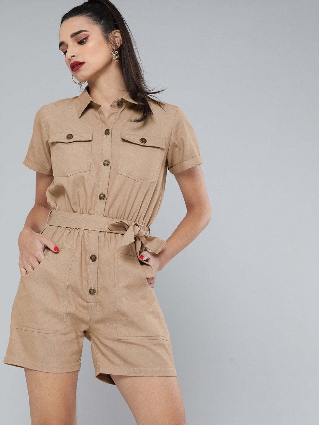 Women's Khaki Belted Romper - SASSAFRAS