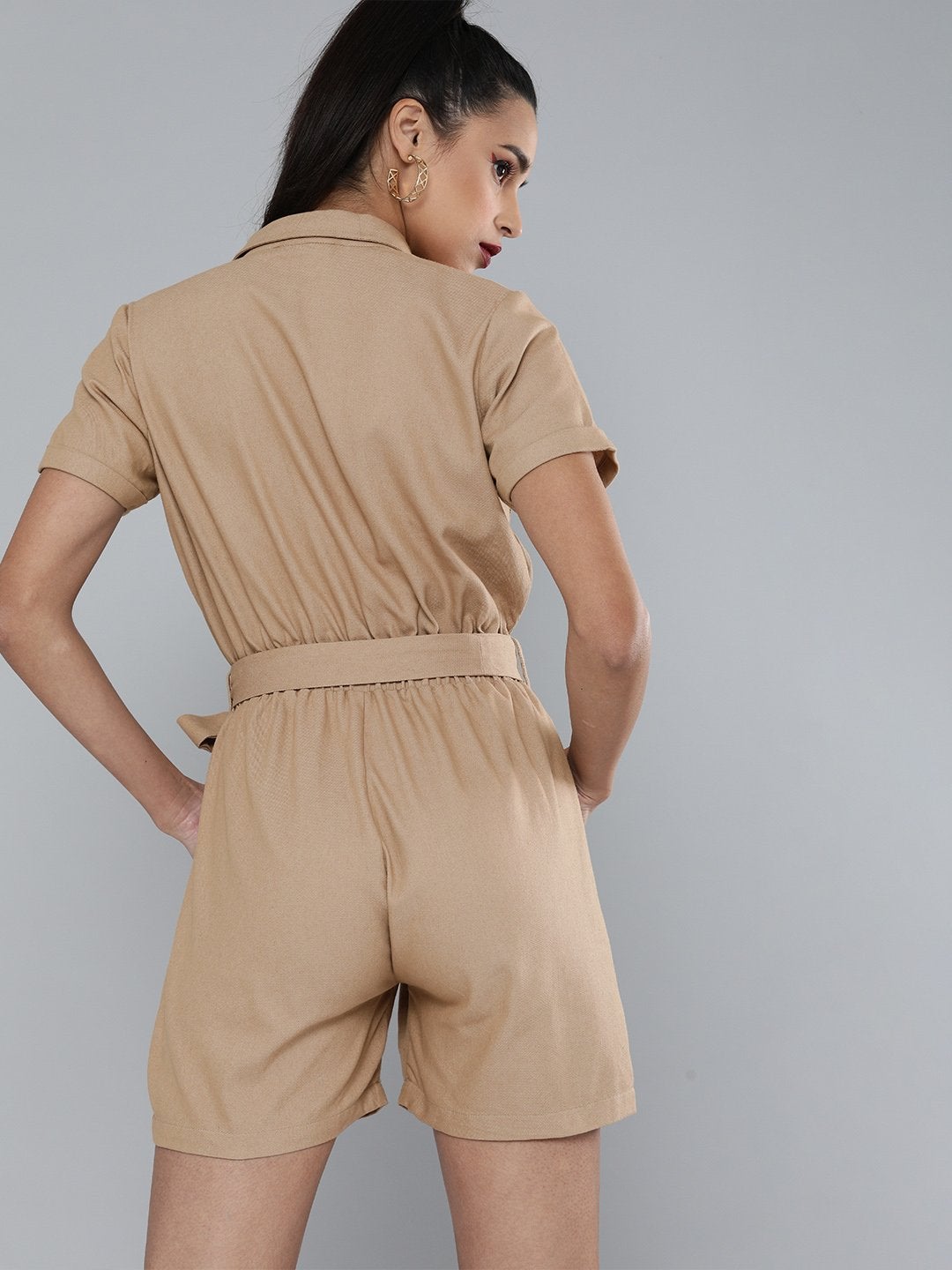 Women's Khaki Belted Romper - SASSAFRAS