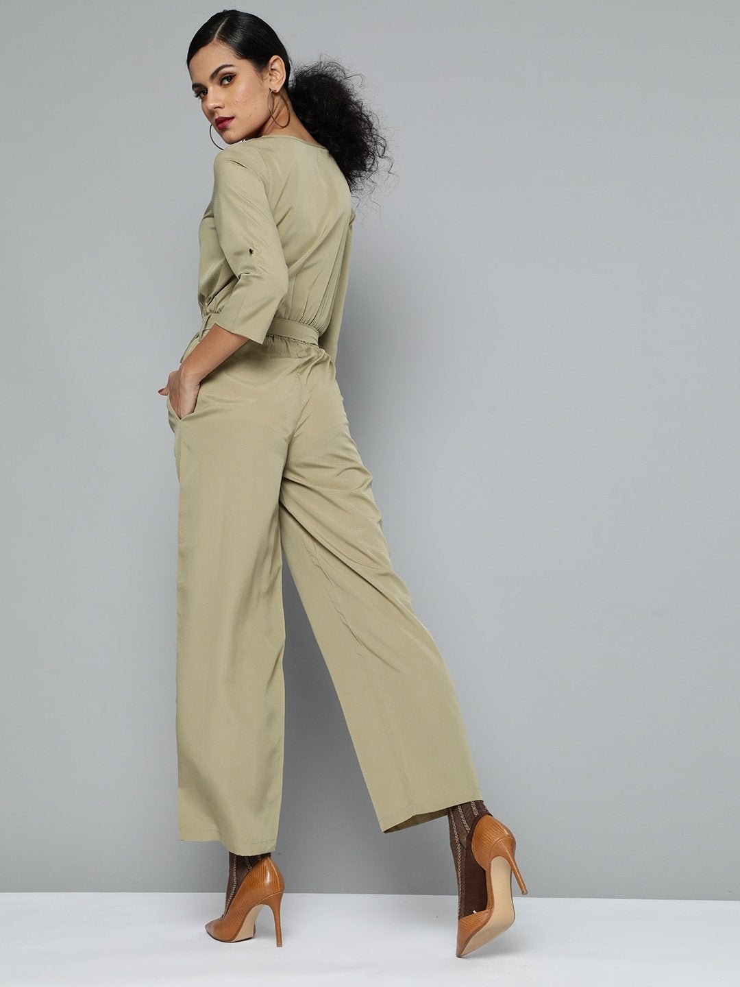 Women's Olive Front Button Regular Jumpsuit - SASSAFRAS