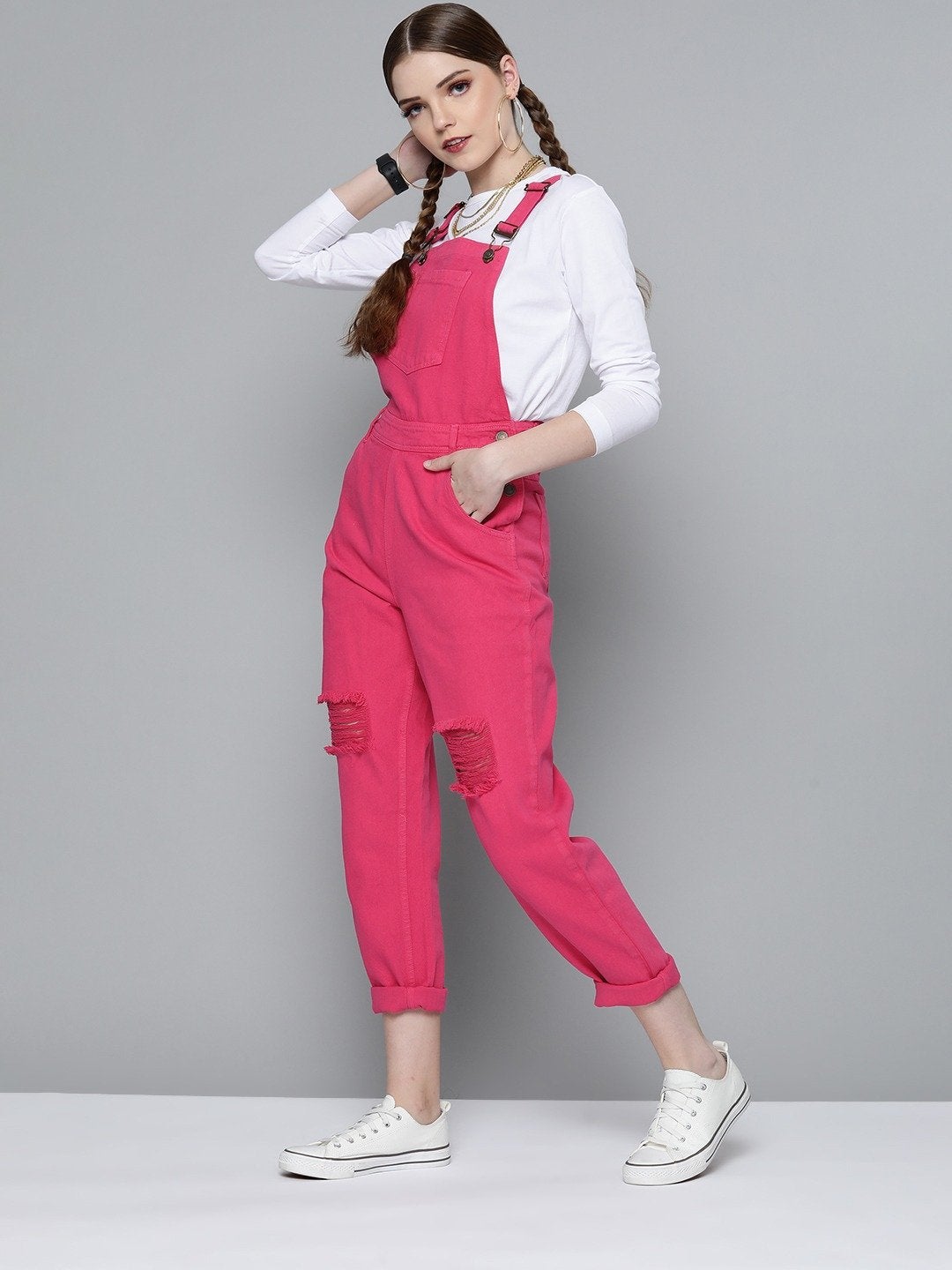 Women's Fuchsia Slouchy Denim Dungaree - SASSAFRAS