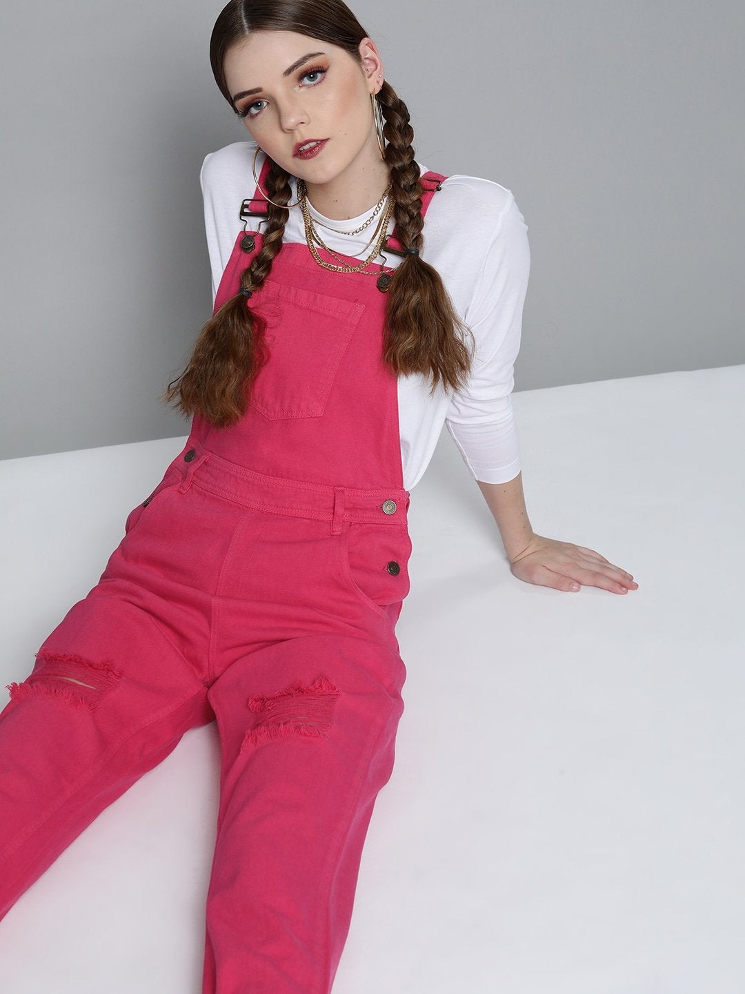 Women's Fuchsia Slouchy Denim Dungaree - SASSAFRAS