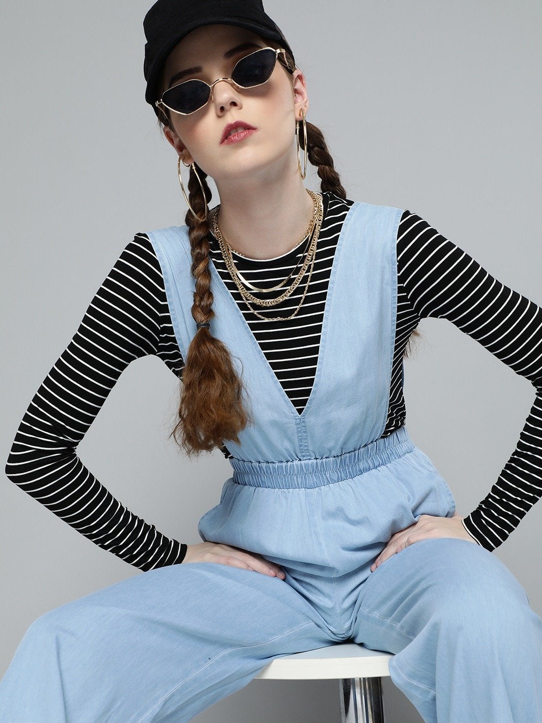 Women's Ice Blue V-Neck Tencel Dungaree - SASSAFRAS