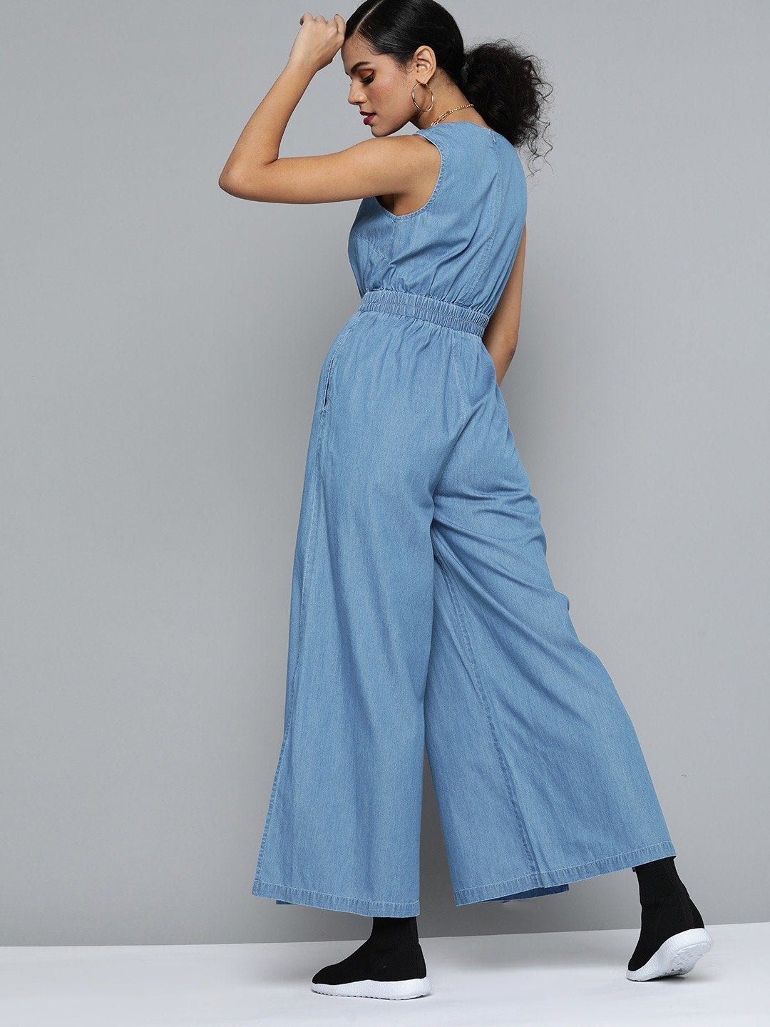 Women's Blue Sleeveless Tencel Jumpsuit - SASSAFRAS