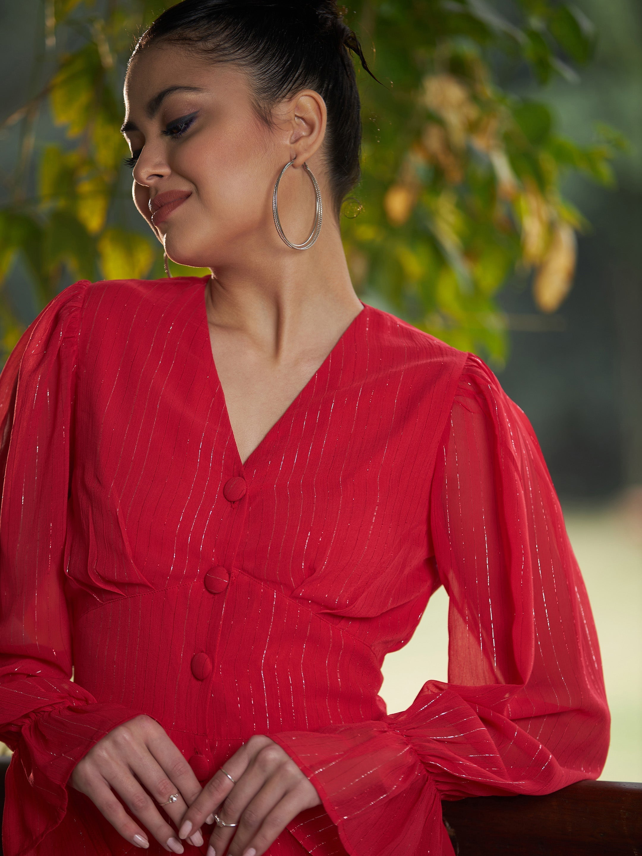Women's Red Lurex Front Button Romper - SASSAFRAS