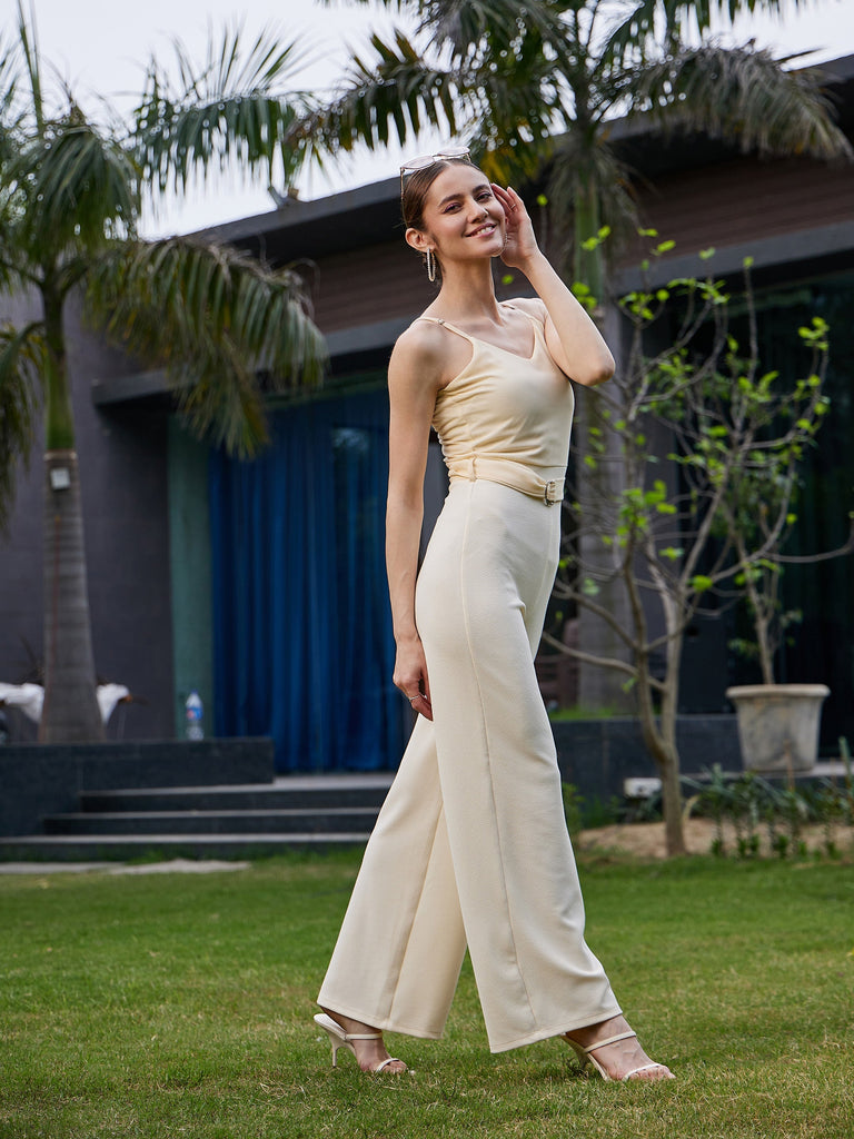 Women's Cream Strappy V Neck Jumpsuit