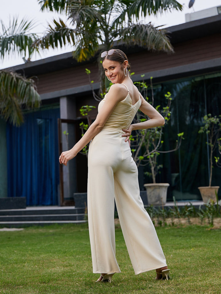 Women's Cream Strappy V Neck Jumpsuit