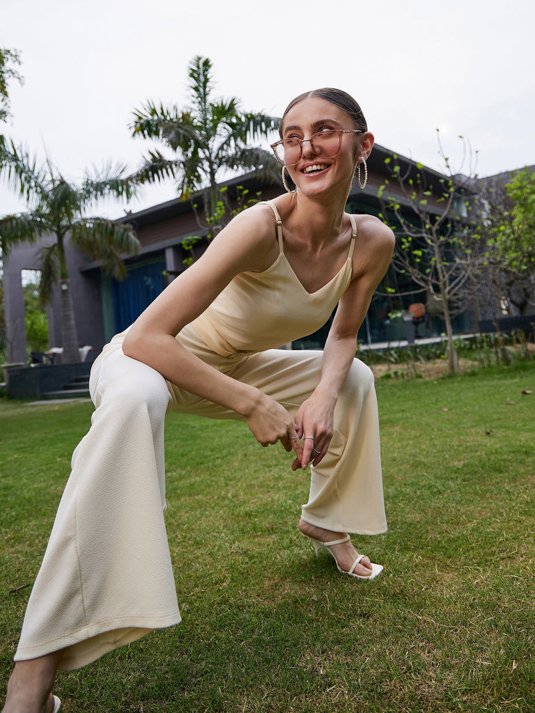 Women's Cream Strappy V Neck Jumpsuit