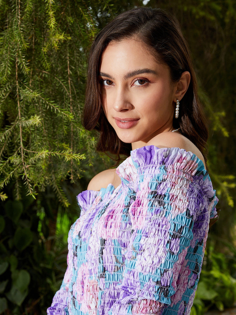Women's Turquoise Floral Off Shoulder Smoked Playsuit
