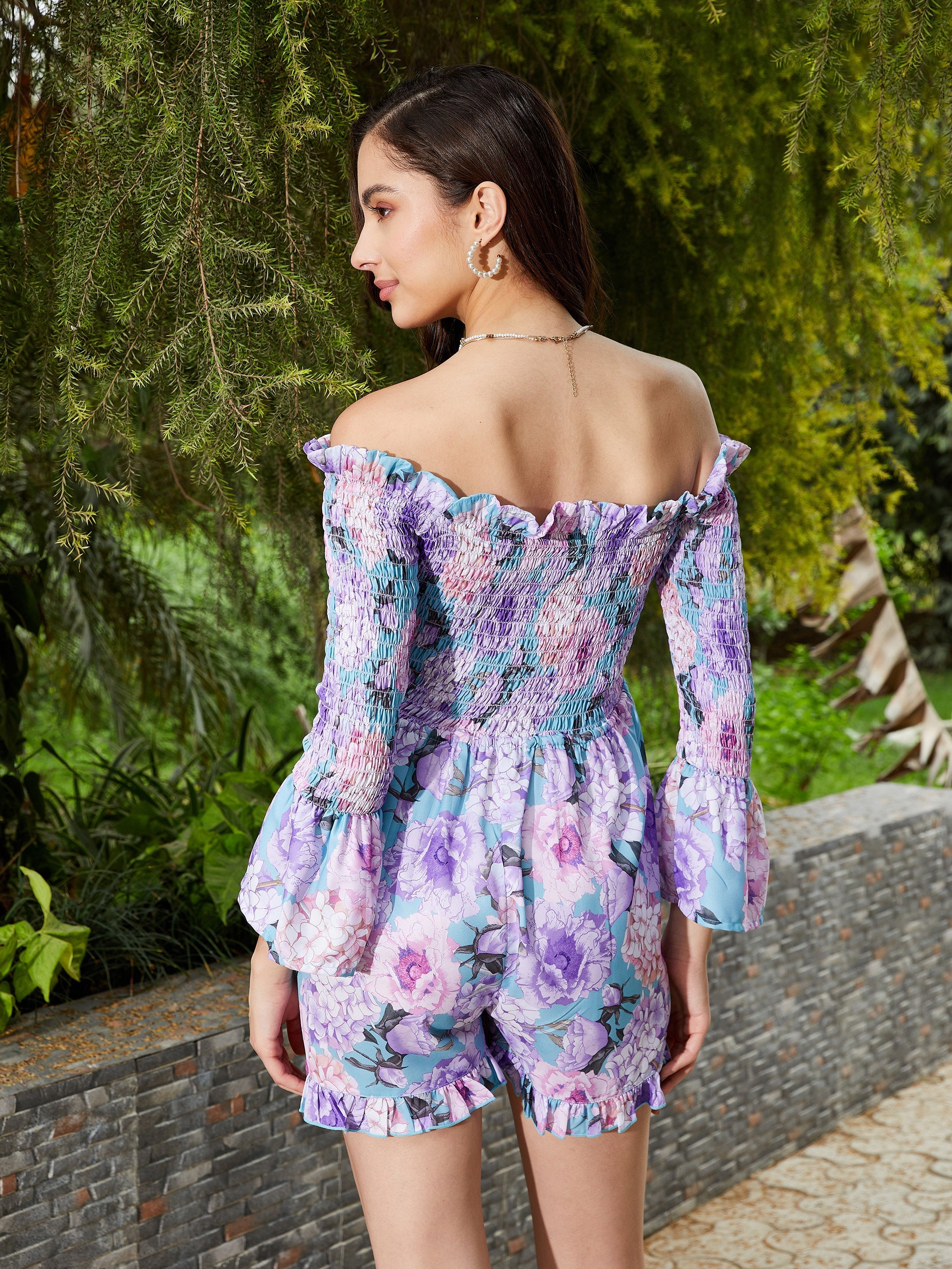 Women's Turquoise Floral Off Shoulder Smoked Playsuit - SASSAFRAS
