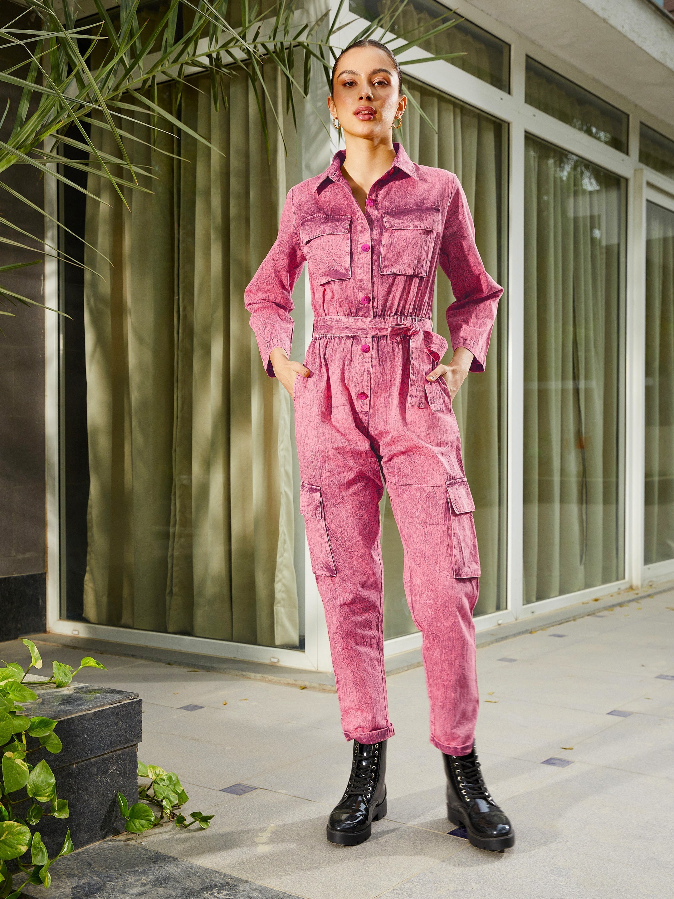 Women's Pink Washed Front Button Cargo Jumpsuit - SASSAFRAS