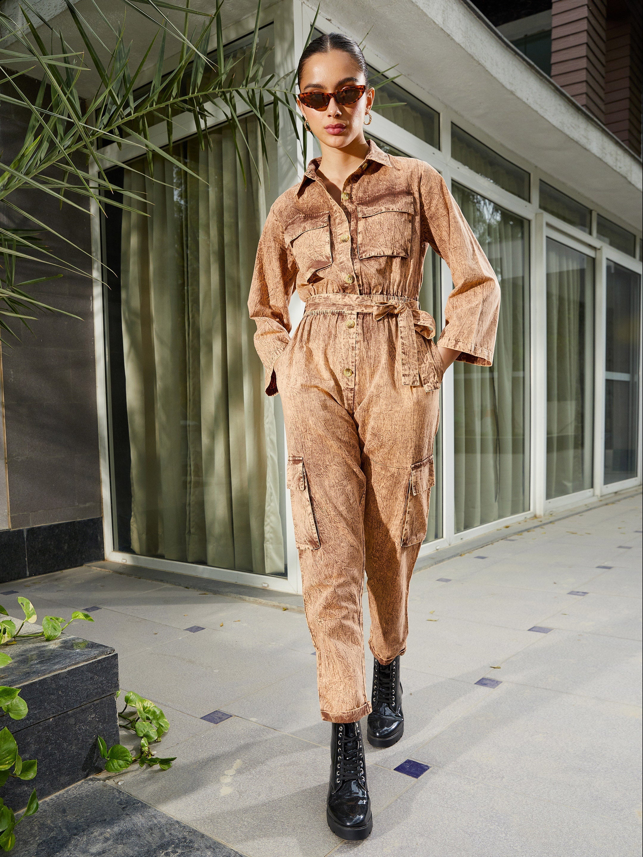 Women's Brown Washed Front Button Cargo Jumpsuit - SASSAFRAS