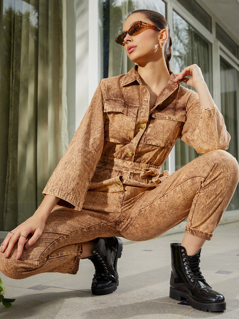 Women's Brown Washed Front Button Cargo Jumpsuit