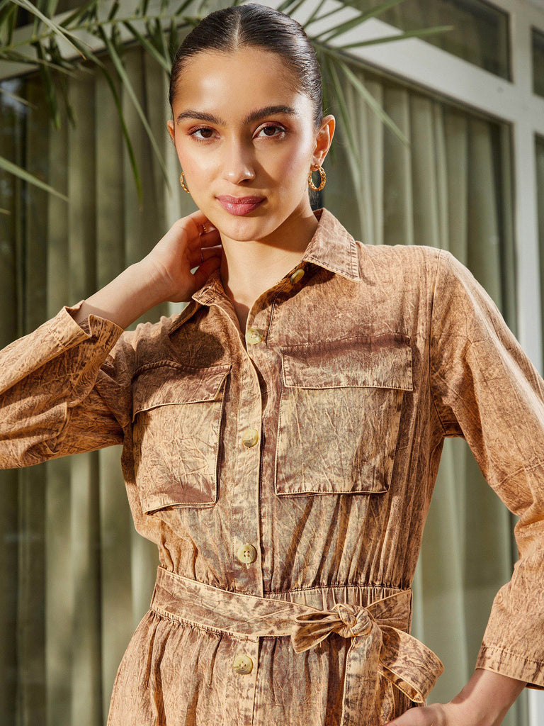 Women's Brown Washed Front Button Cargo Jumpsuit