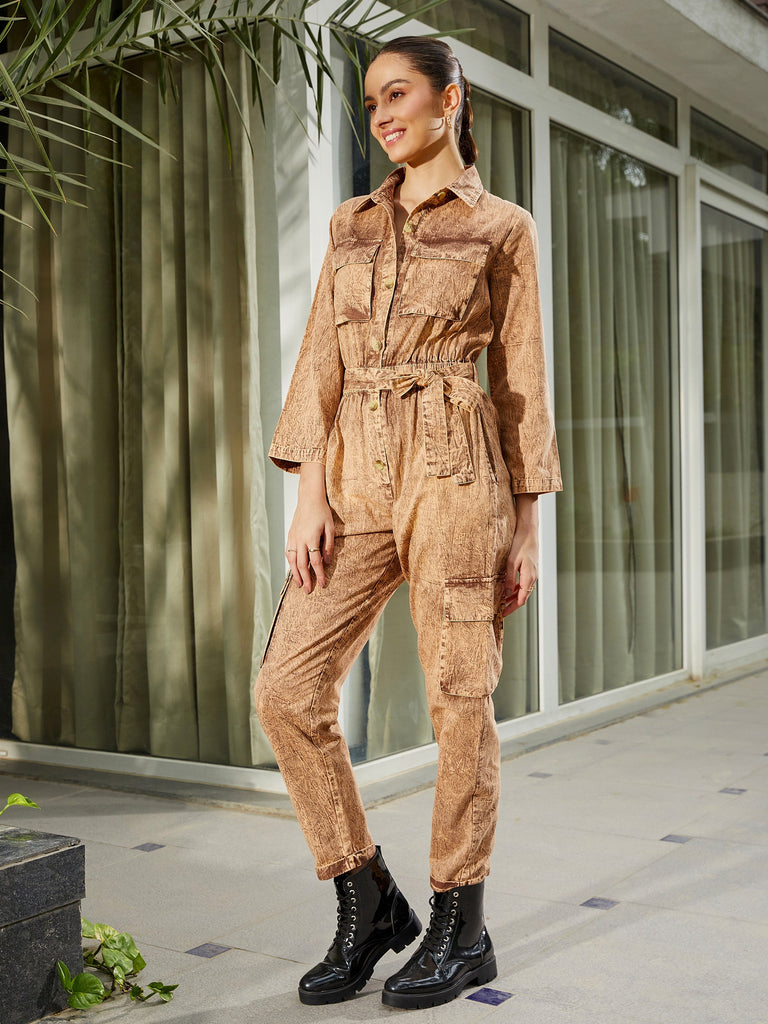 Women's Brown Washed Front Button Cargo Jumpsuit