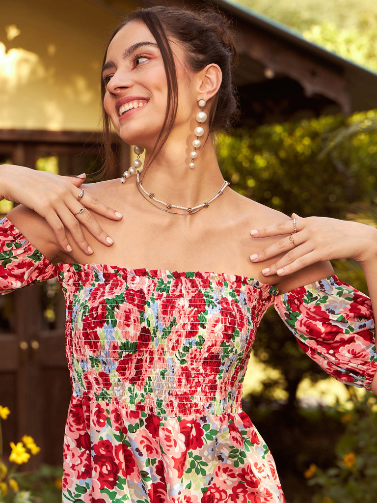 Women's Red Floral Smoked Off Shoulder Playsuit