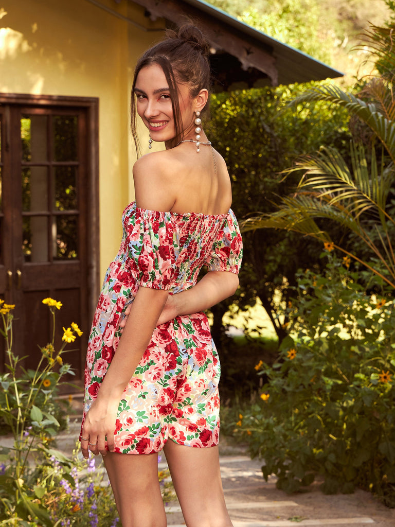 Women's Red Floral Smoked Off Shoulder Playsuit
