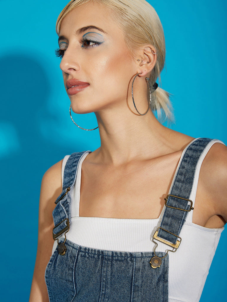 Women's Blue Acid Wash Denim Distress Regular Jumpsuit