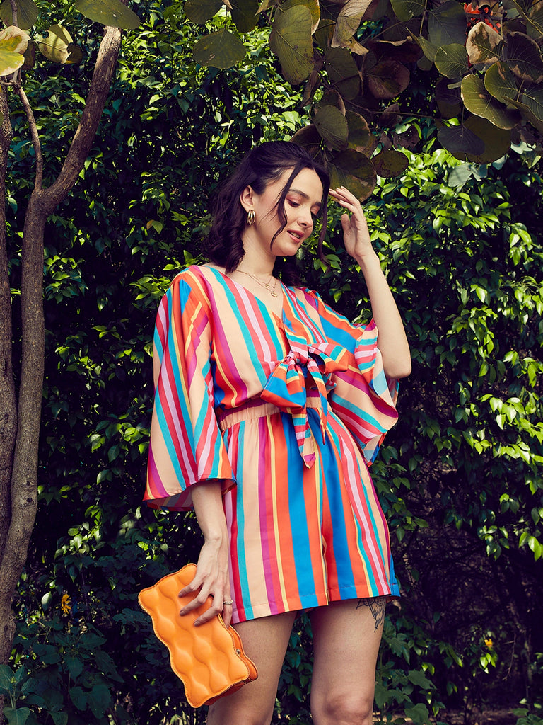 Women's Multi Stripe Front Tie Knot Playsuit