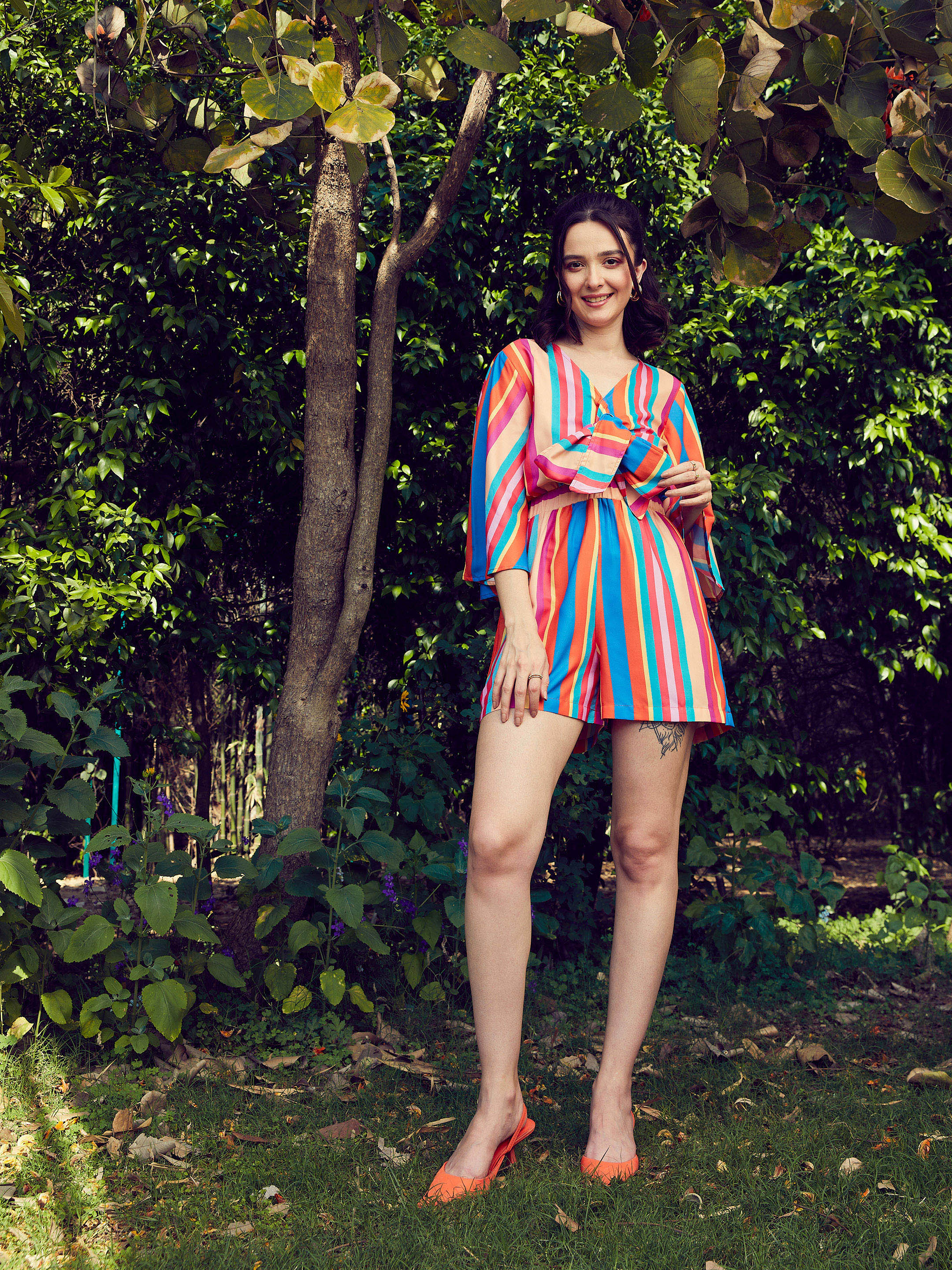 Women's Multi Stripe Front Tie Knot Playsuit