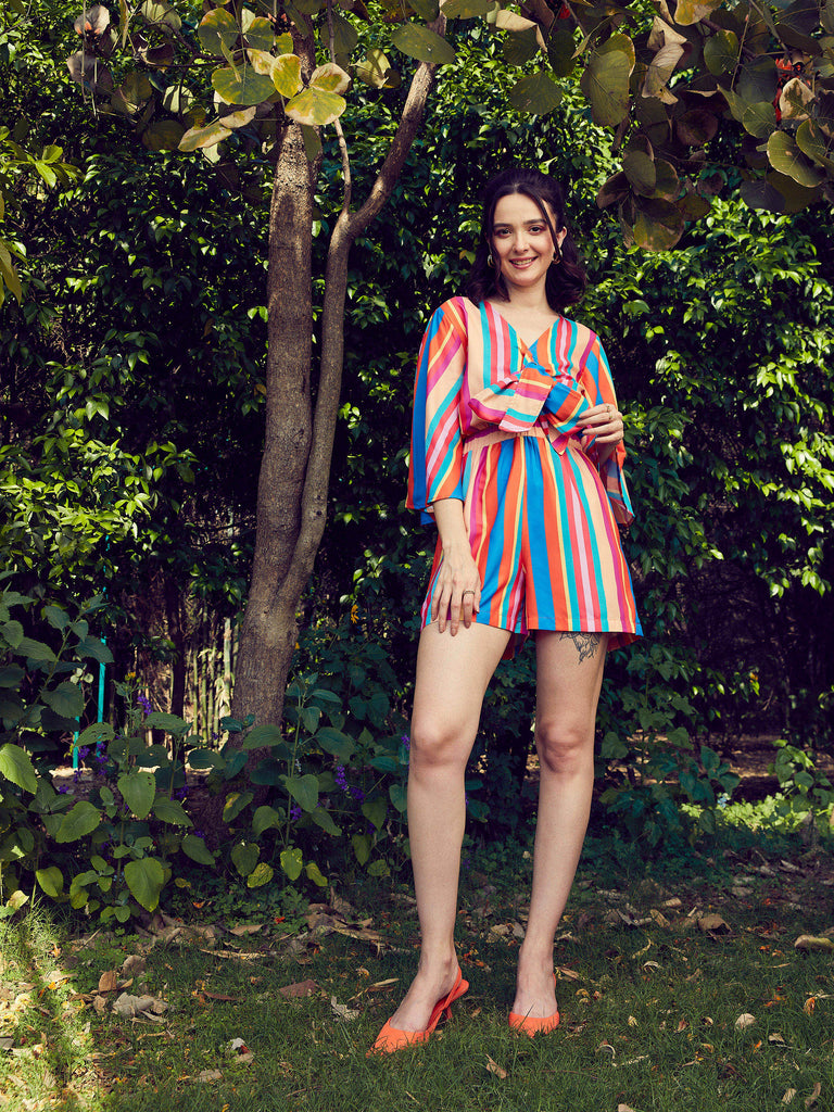 Women's Multi Stripe Front Tie Knot Playsuit