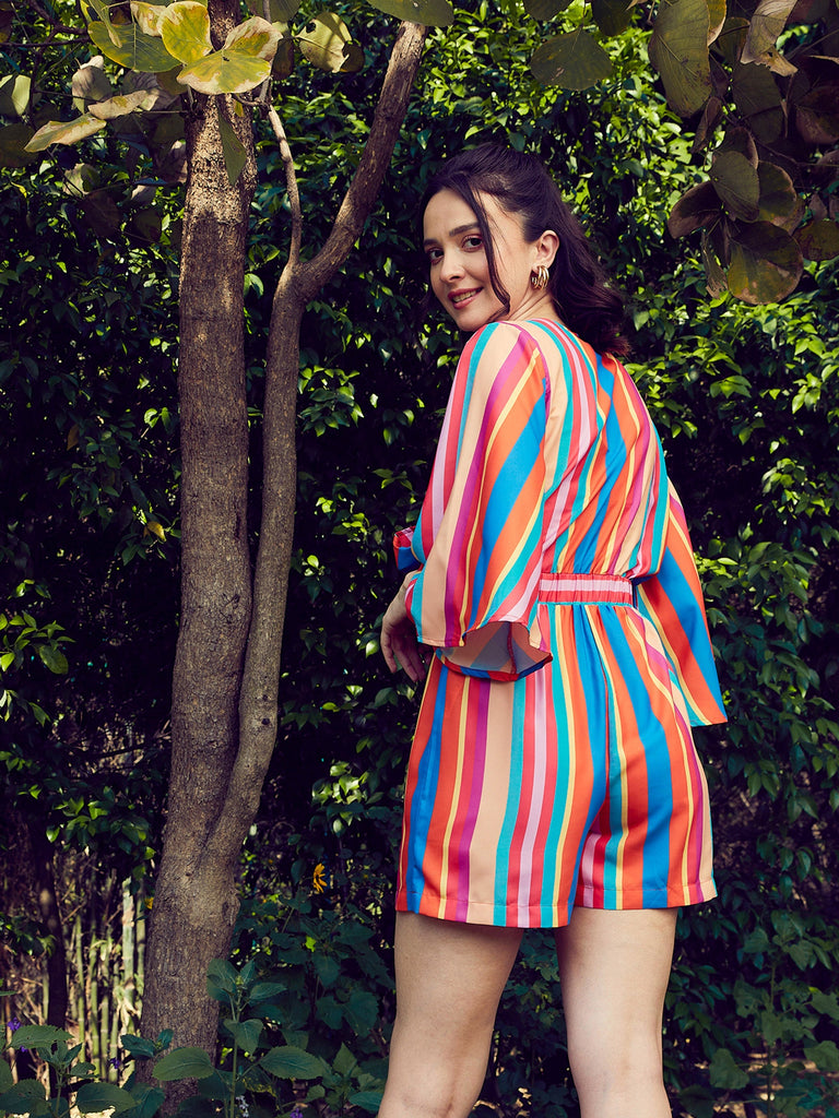 Women's Multi Stripe Front Tie Knot Playsuit