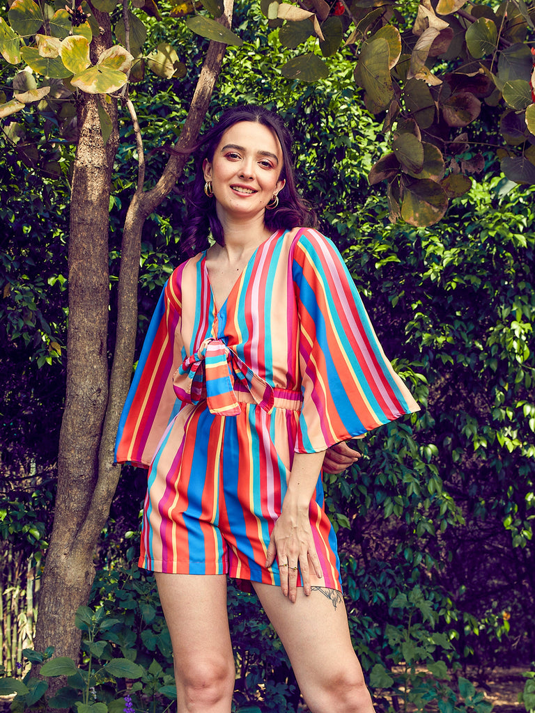 Women's Multi Stripe Front Tie Knot Playsuit