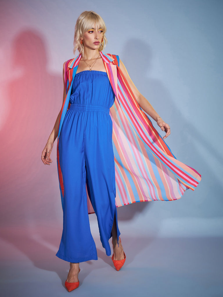 Women's Blue Bardot Jumpsuit With Multi Stripe Shrug