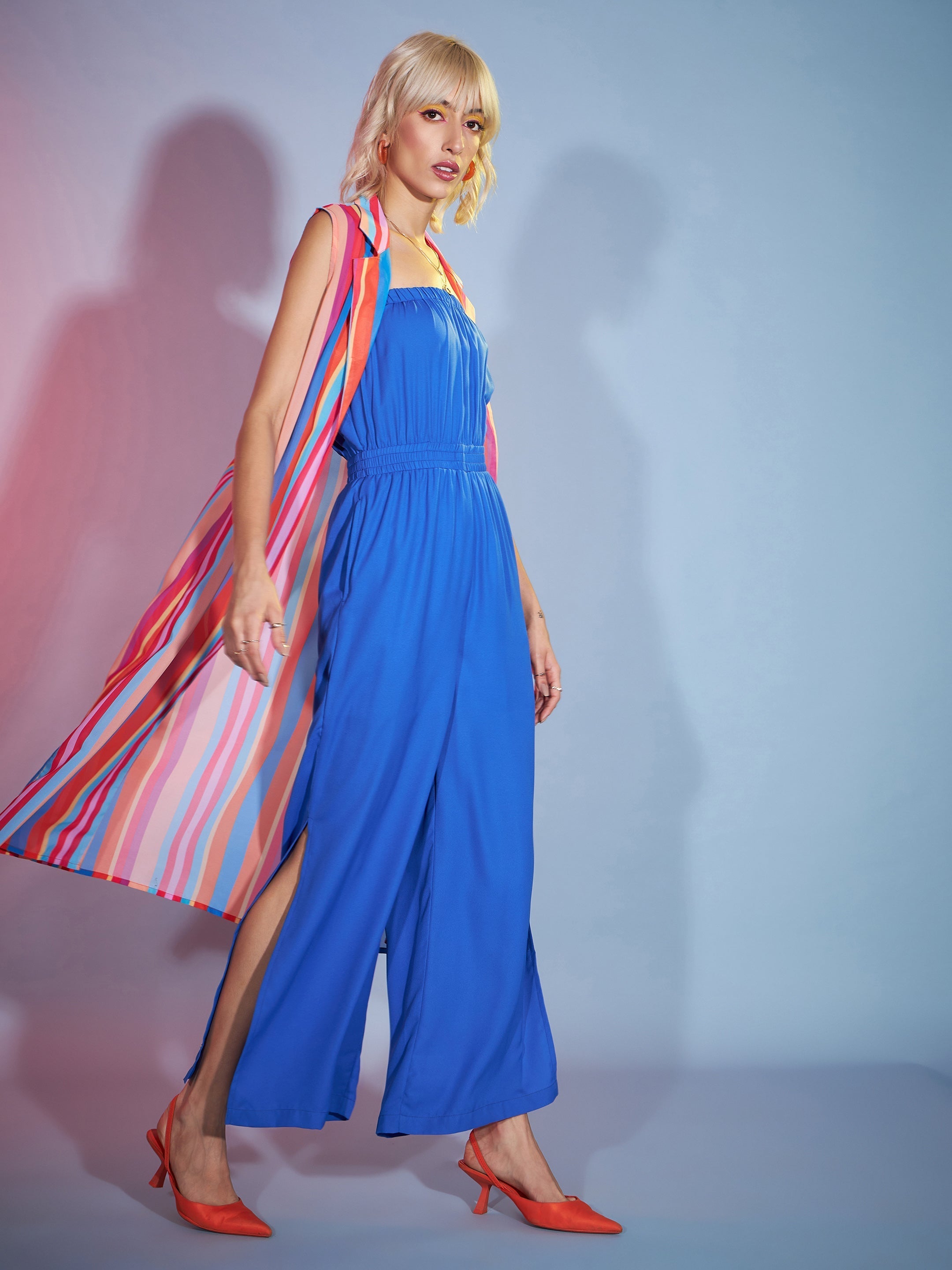 Women's Blue Bardot Jumpsuit With Multi Stripe Shrug - SASSAFRAS