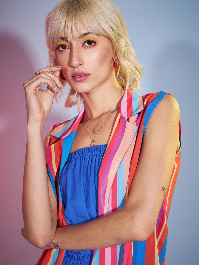 Women's Blue Bardot Jumpsuit With Multi Stripe Shrug
