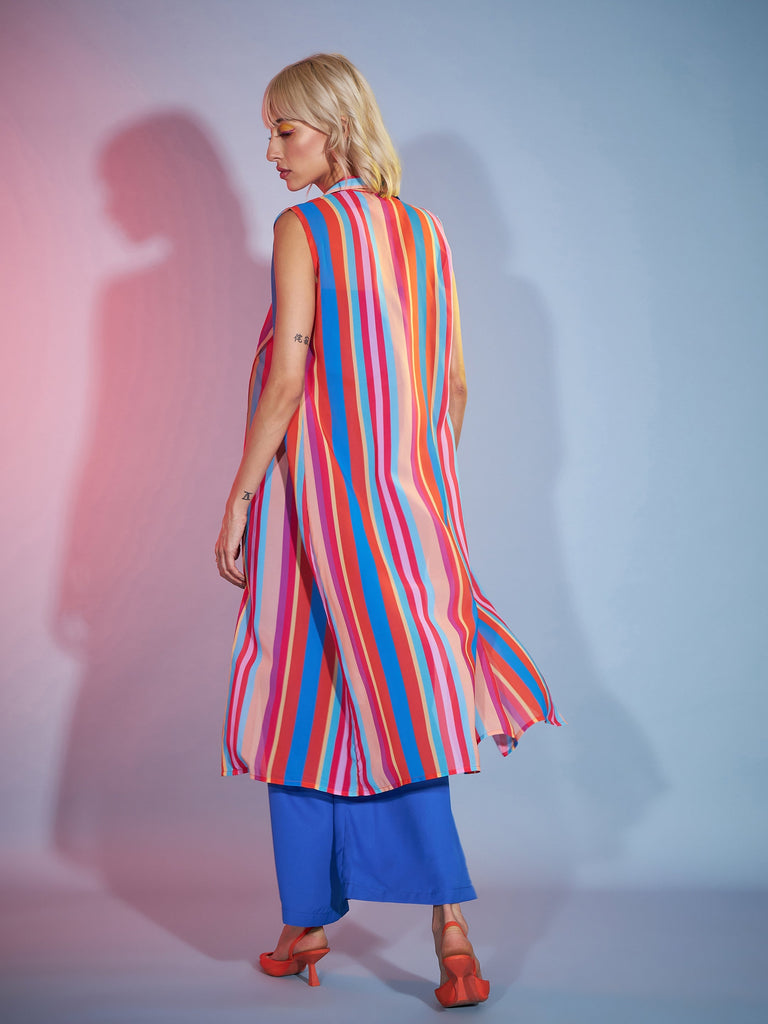 Women's Blue Bardot Jumpsuit With Multi Stripe Shrug