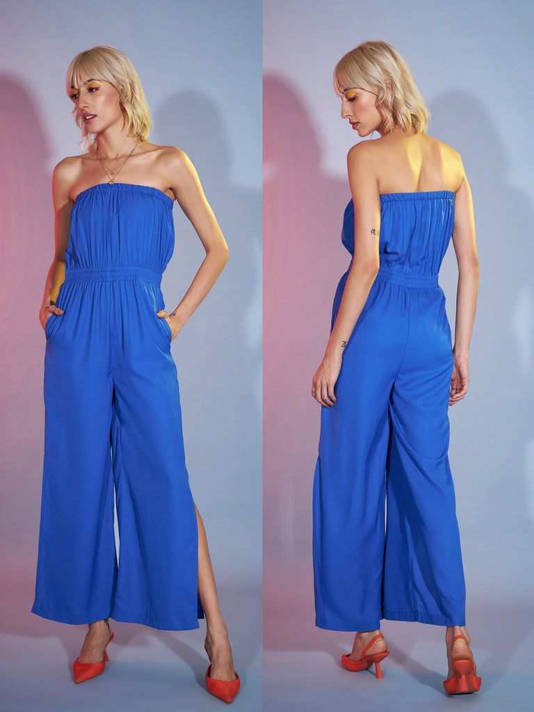 Women's Blue Bardot Jumpsuit With Multi Stripe Shrug