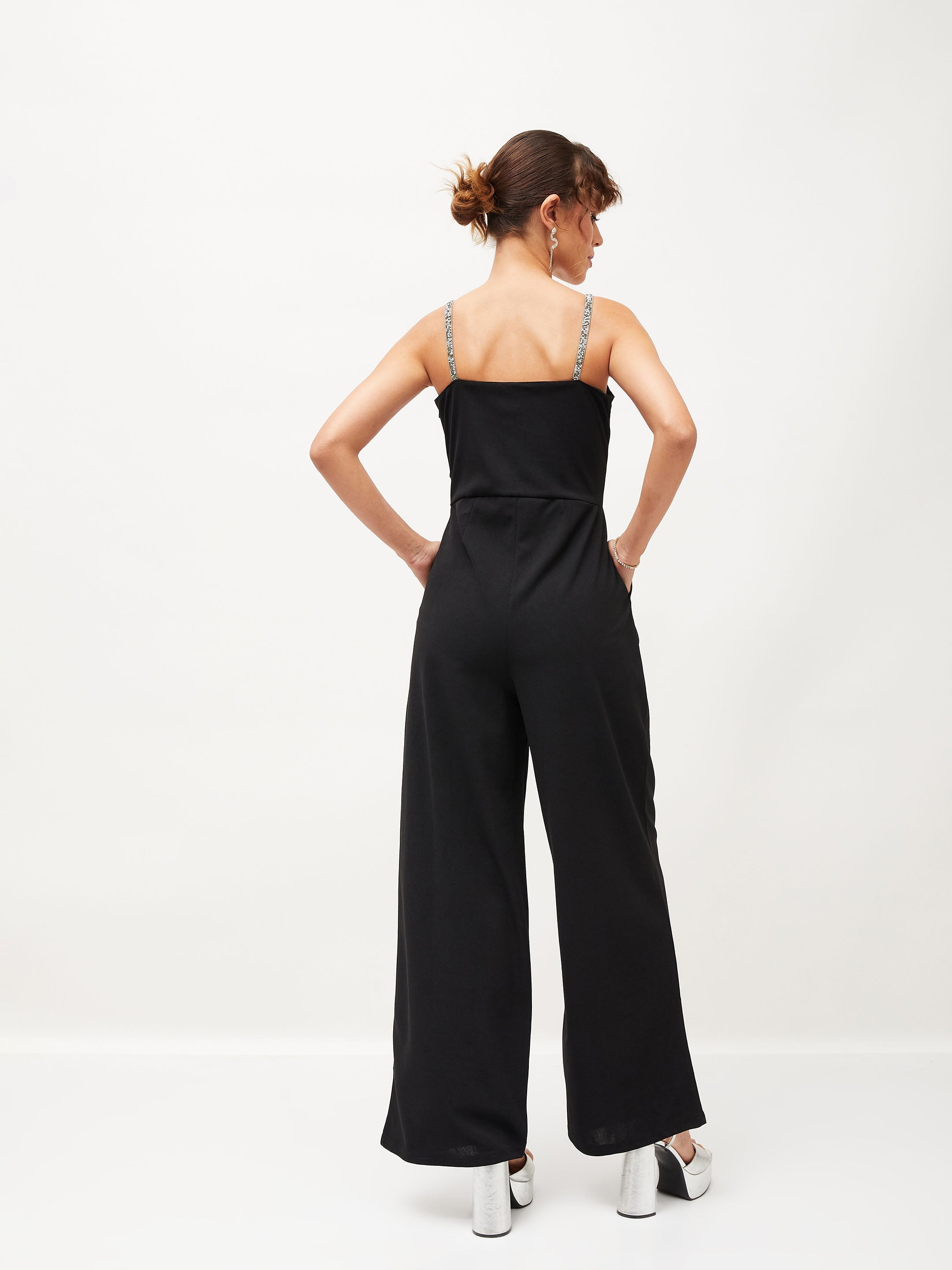 Women's Black Diamante Strap Detail Jumpsuit - Lyush