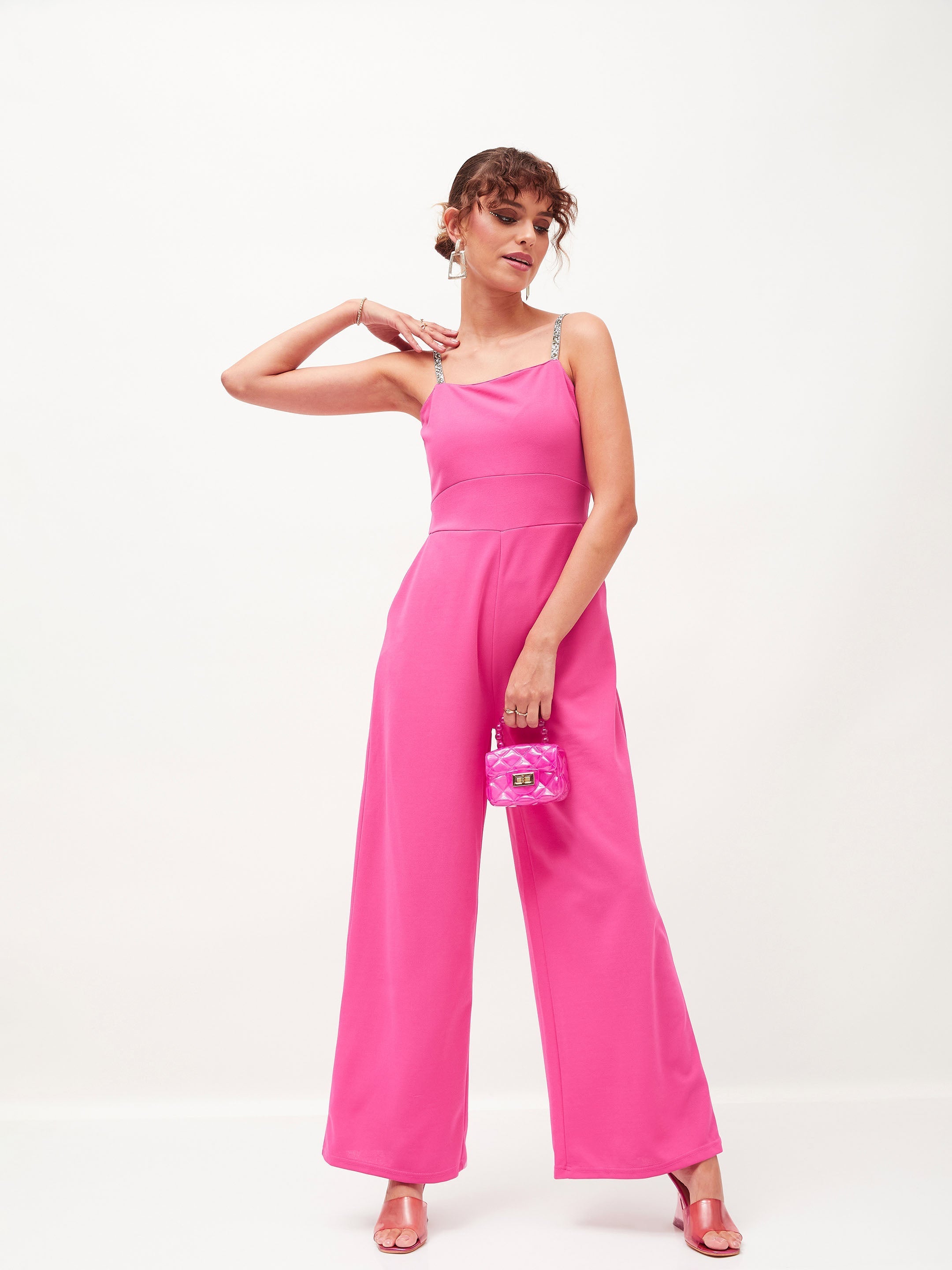 Women's Pink Diamante Strap Detail Jumpsuit - Lyush