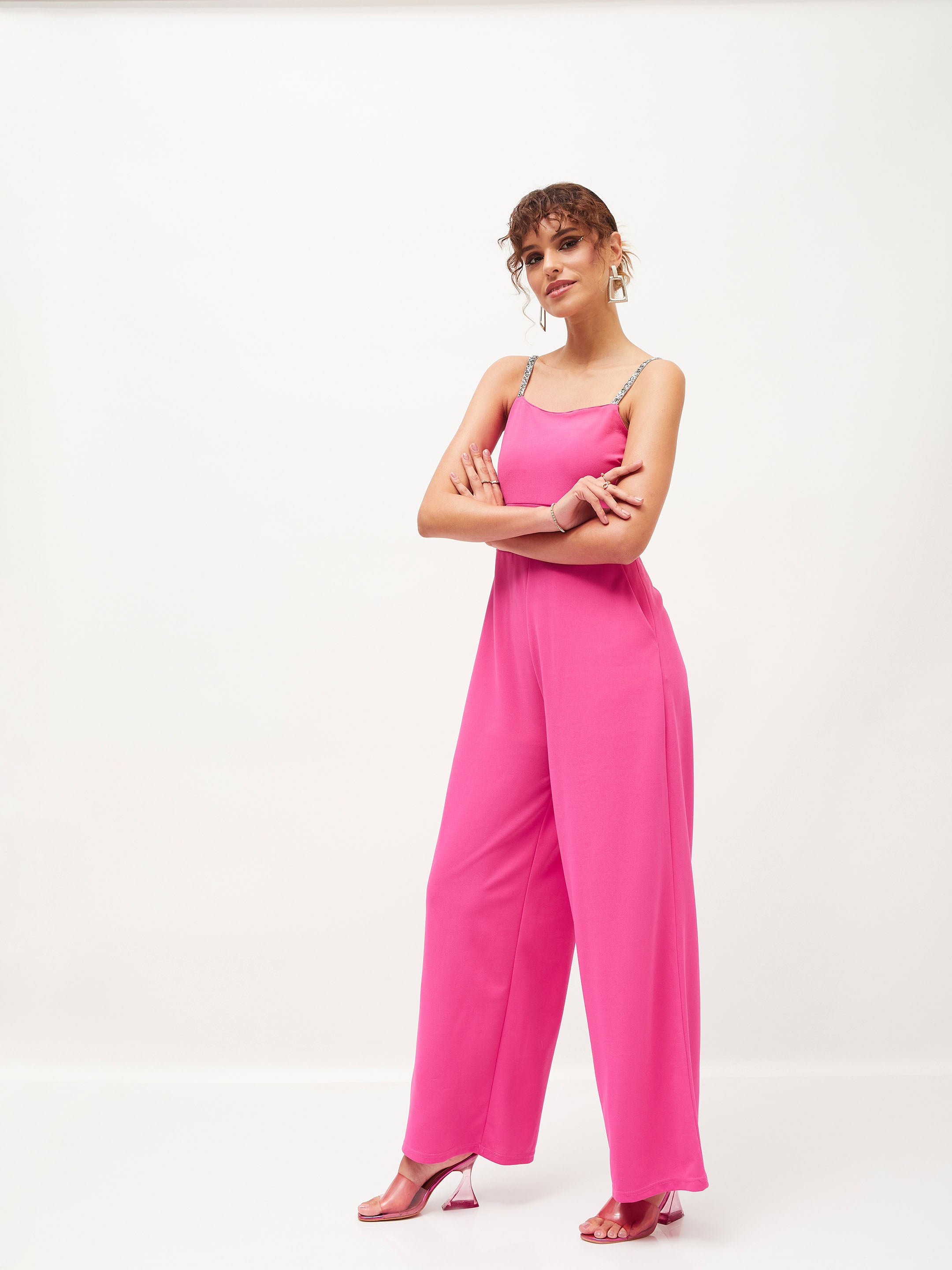 Women's Pink Diamante Strap Detail Jumpsuit - Lyush