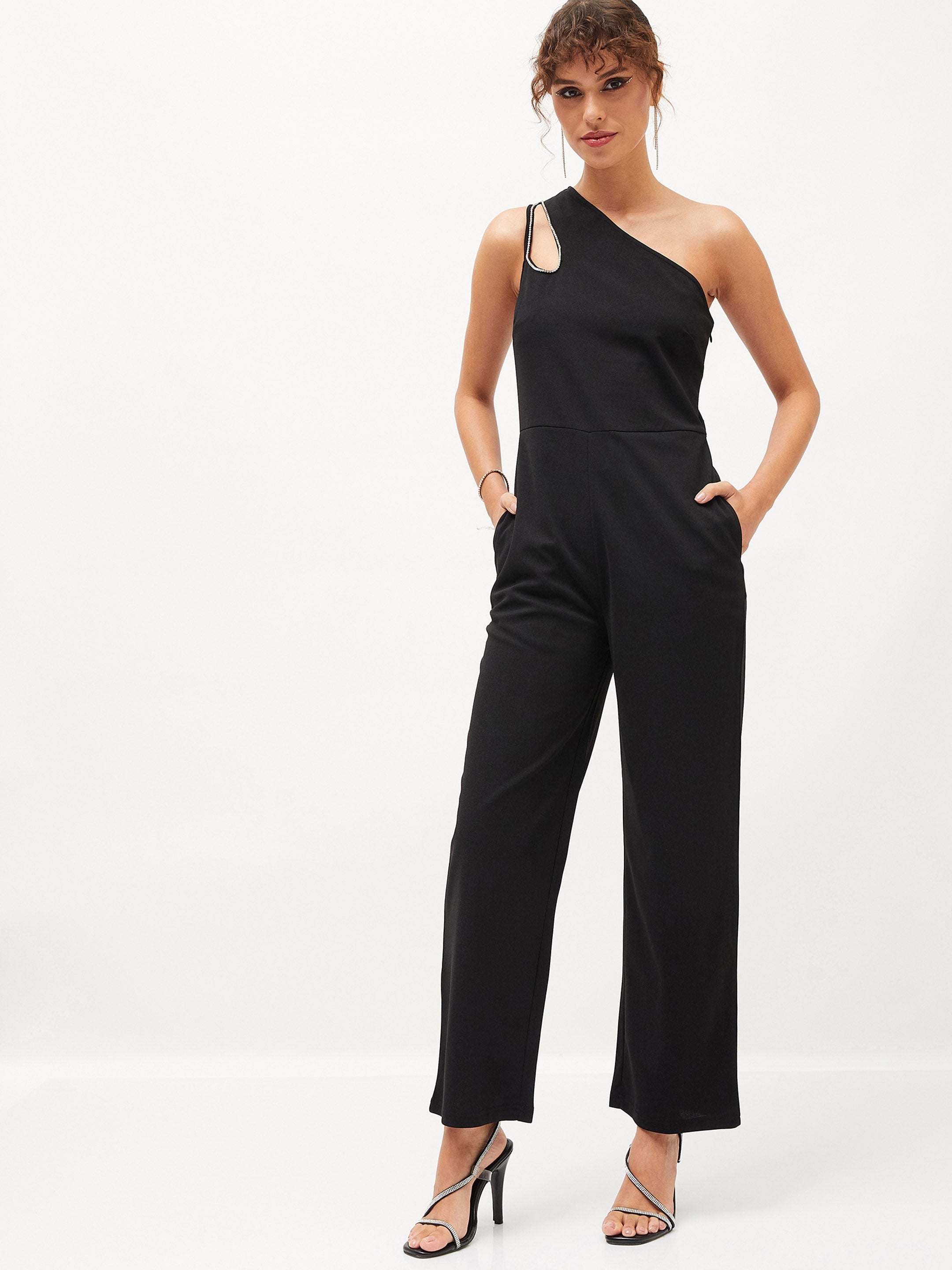 Women's Black Diamante One Shoulder Jumpsuit - Lyush