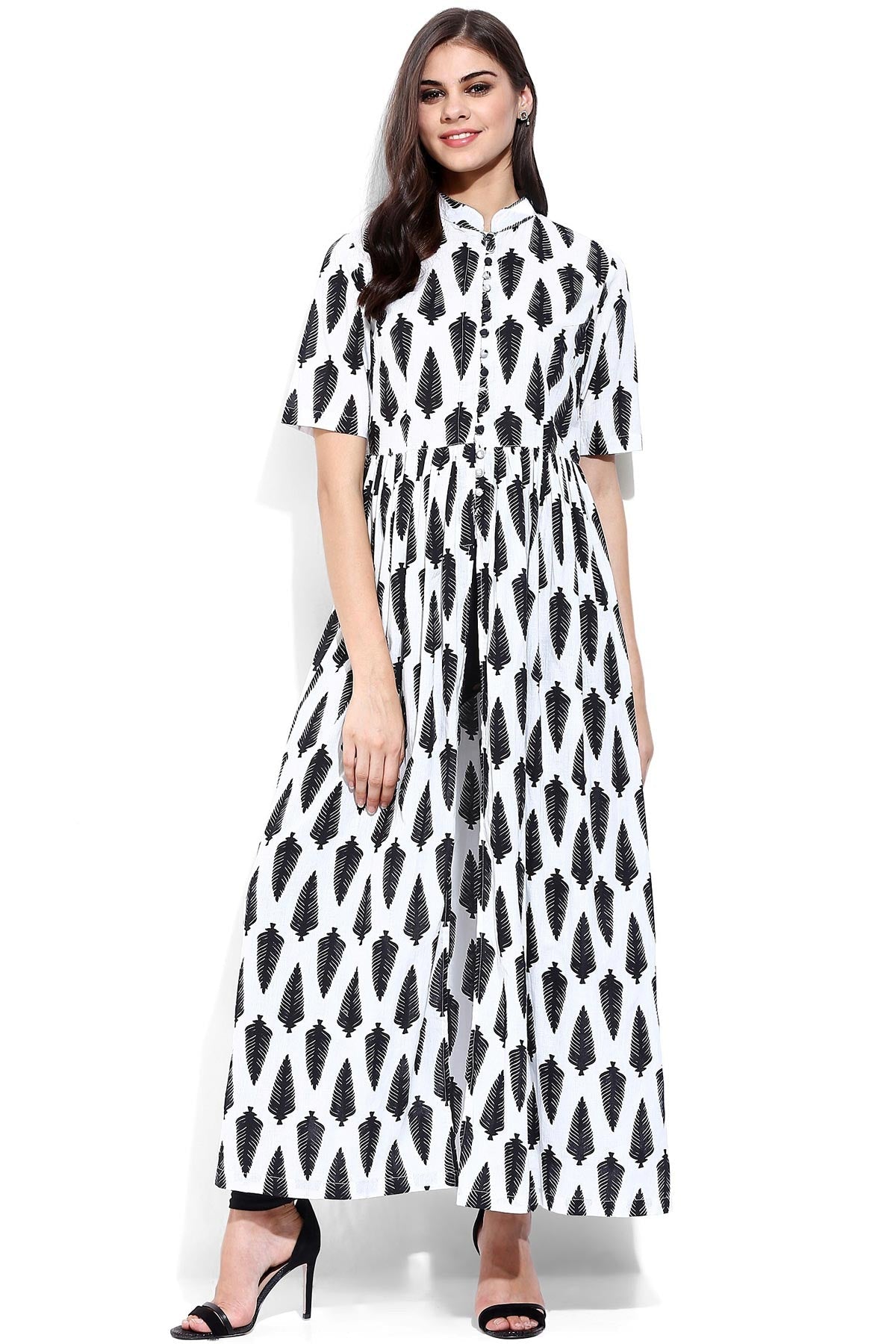 Women's White Leaf Print Front Open Shirt Kurta - SASSAFRAS