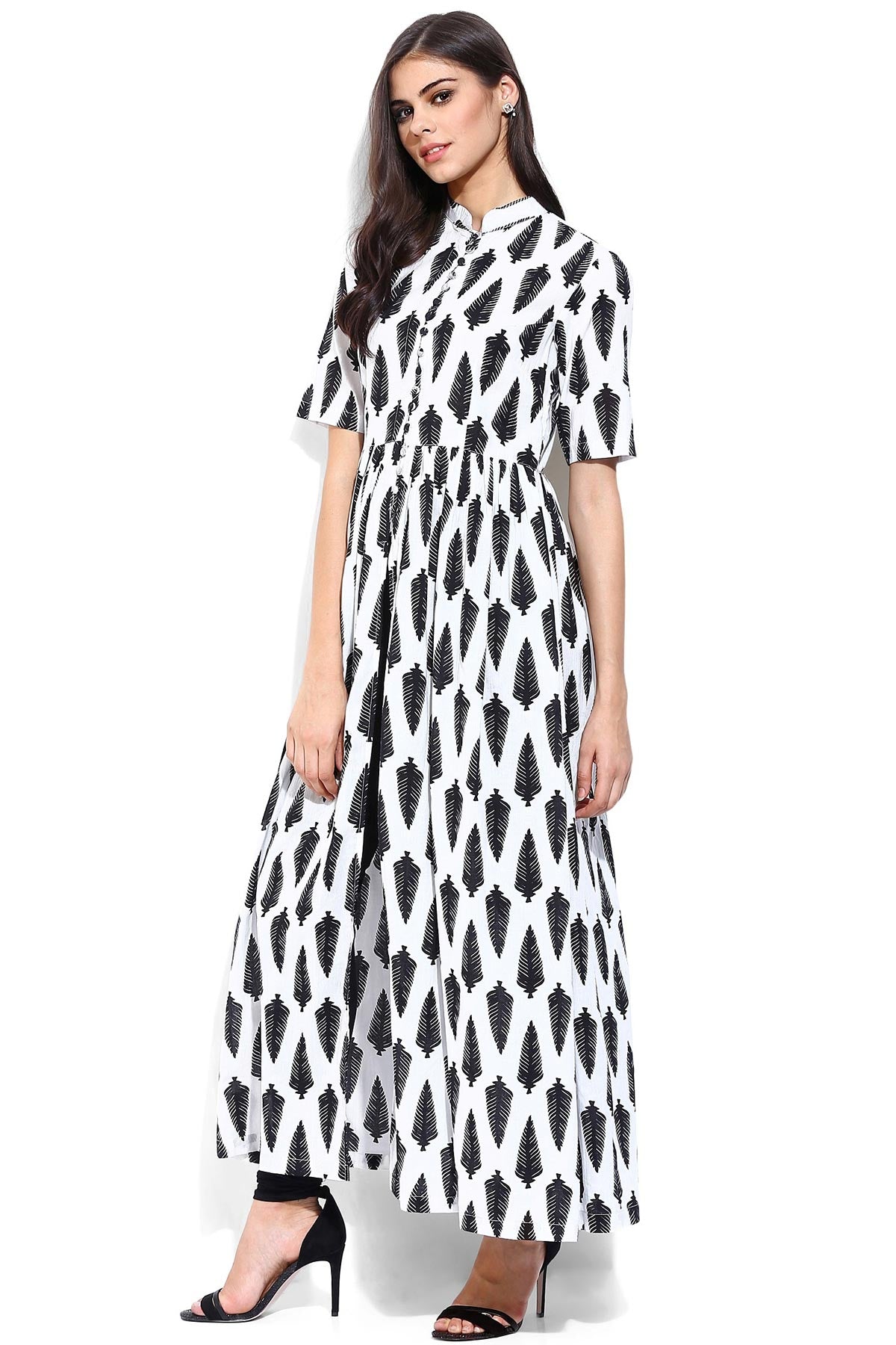 Women's White Leaf Print Front Open Shirt Kurta - SASSAFRAS