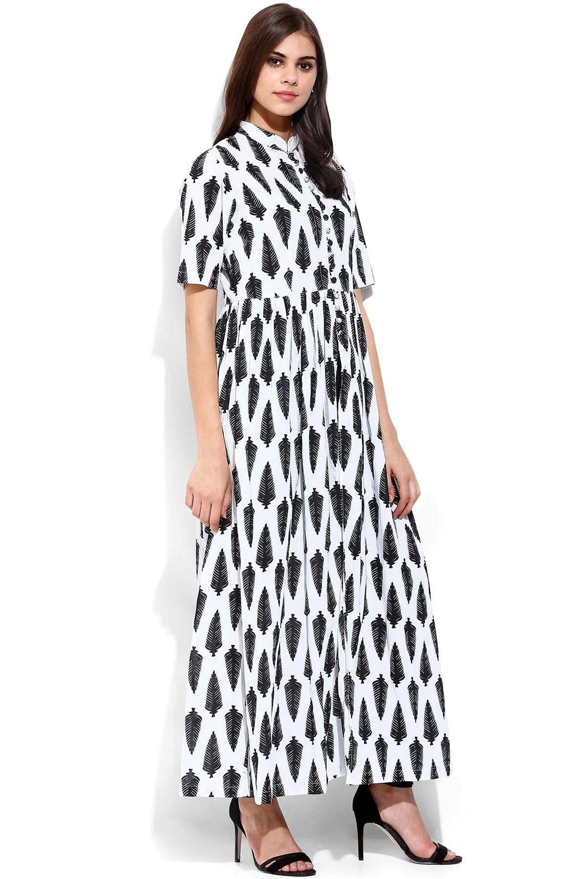 Women's White Leaf Print Front Open Shirt Kurta - SASSAFRAS