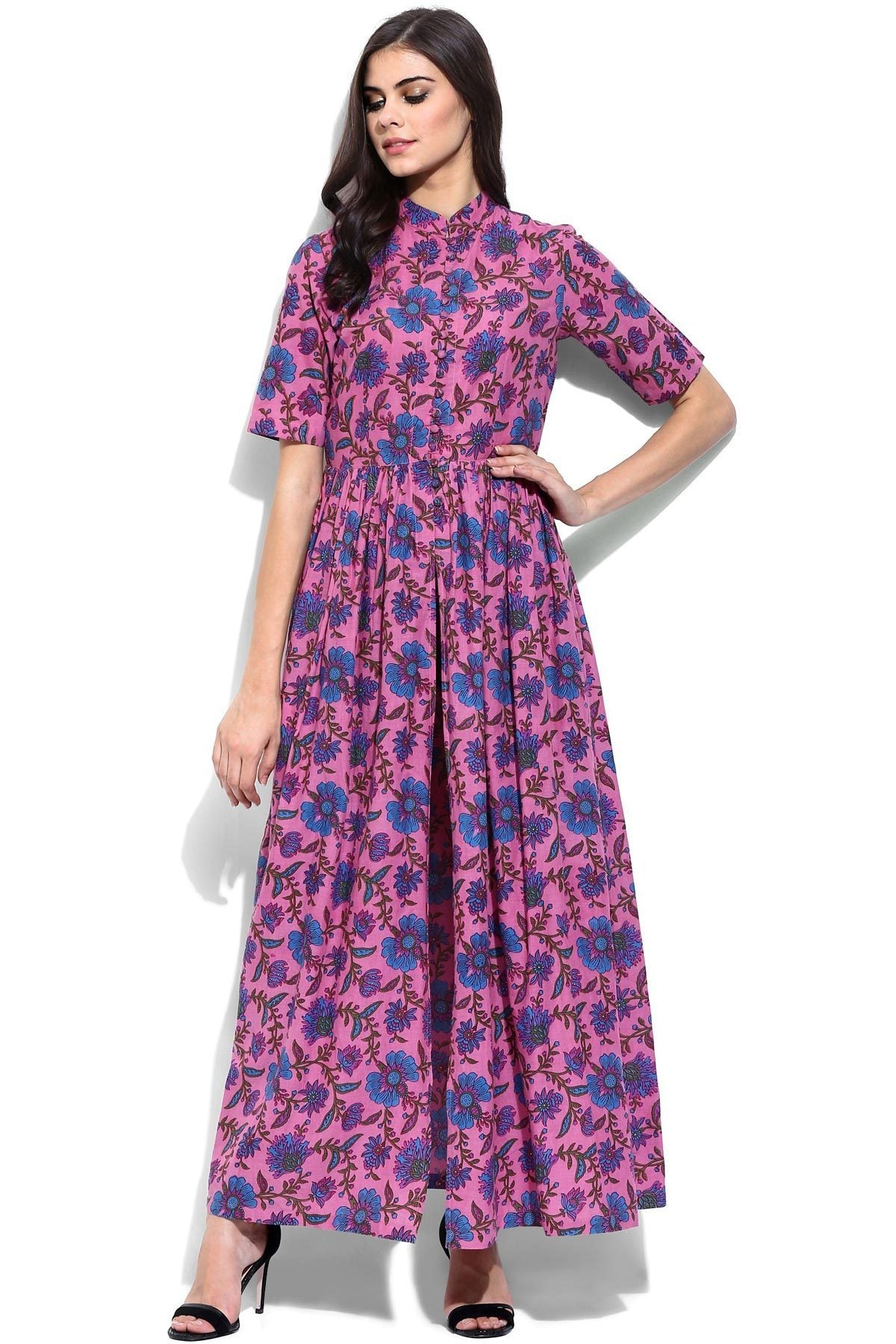 Women's Pink Floral Print Front Open Shirt Kurta - SASSAFRAS