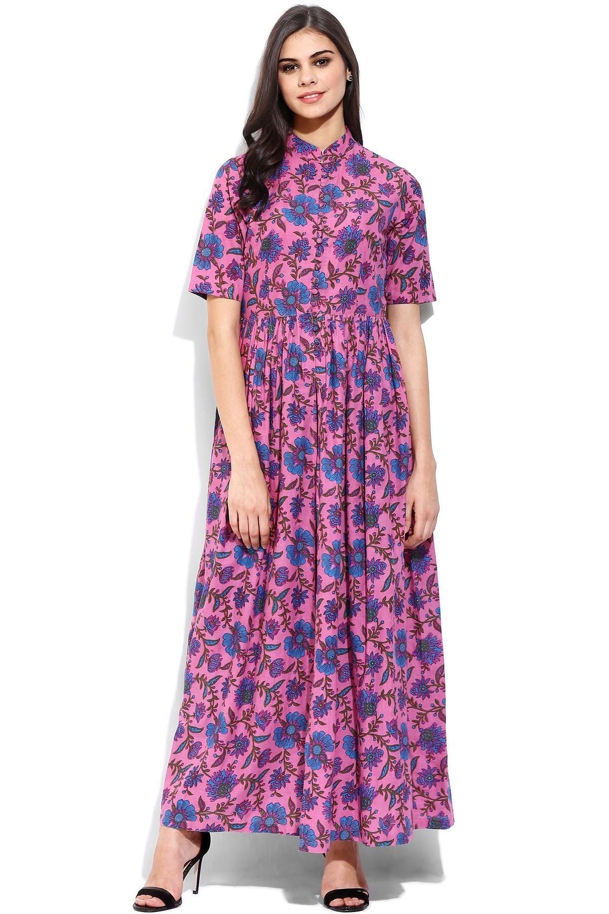 Women's Pink Floral Print Front Open Shirt Kurta - SASSAFRAS