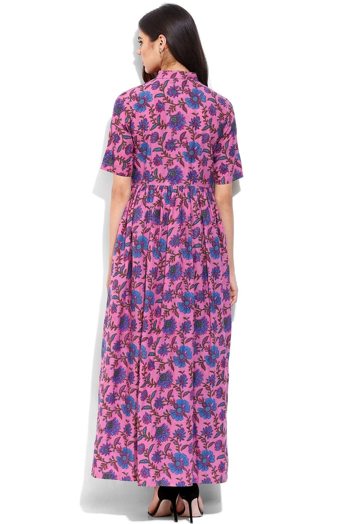 Women's Pink Floral Print Front Open Shirt Kurta - SASSAFRAS