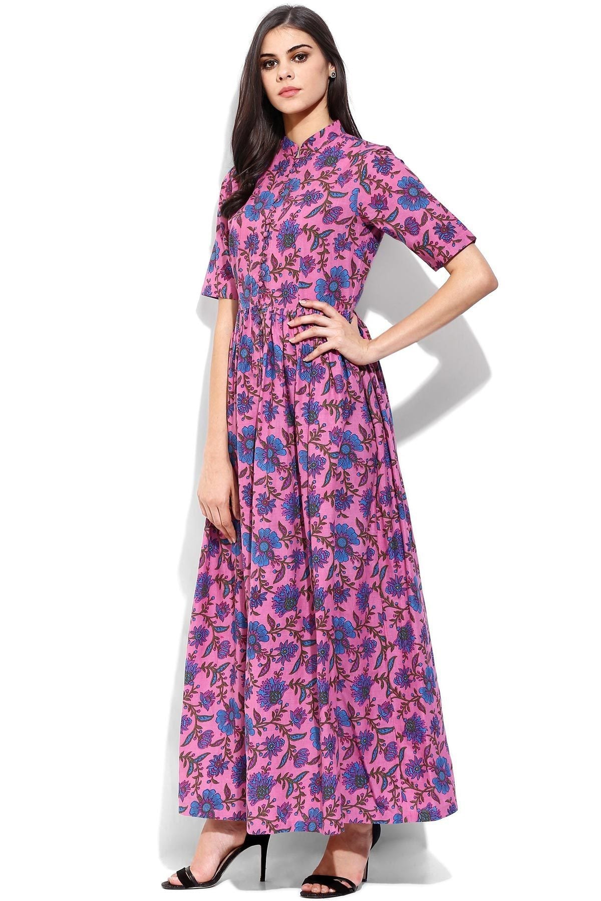 Women's Pink Floral Print Front Open Shirt Kurta - SASSAFRAS