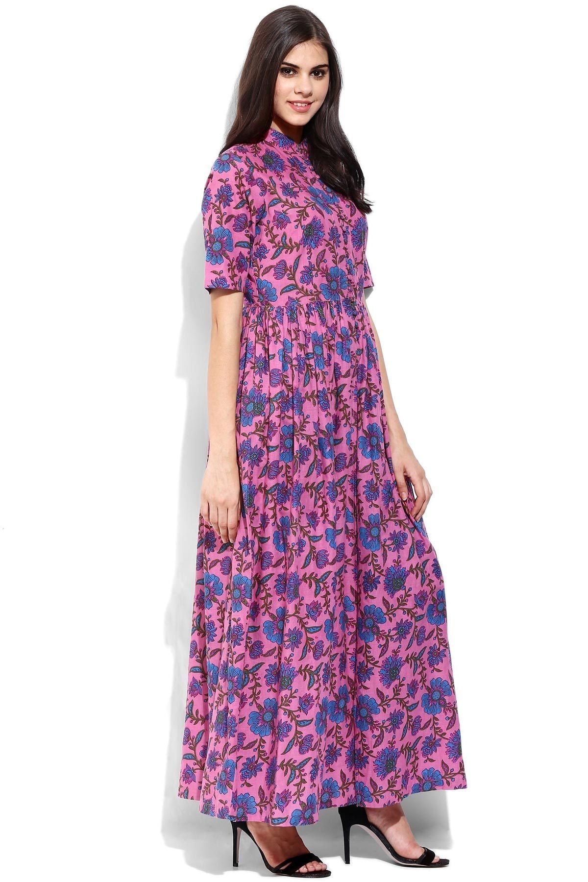 Women's Pink Floral Print Front Open Shirt Kurta - SASSAFRAS