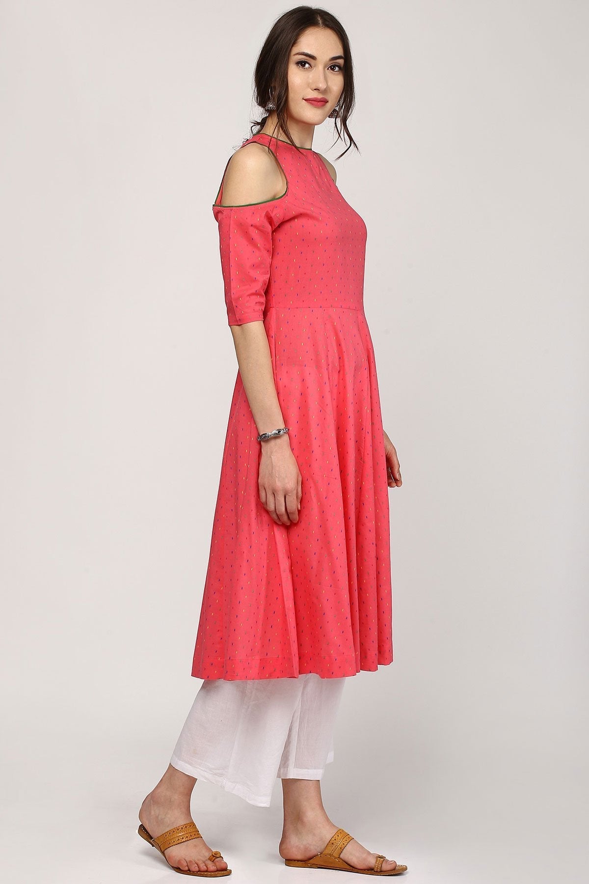 Women's Pink Dotted Cold Shoulder Anarkali Kurta - SHAE